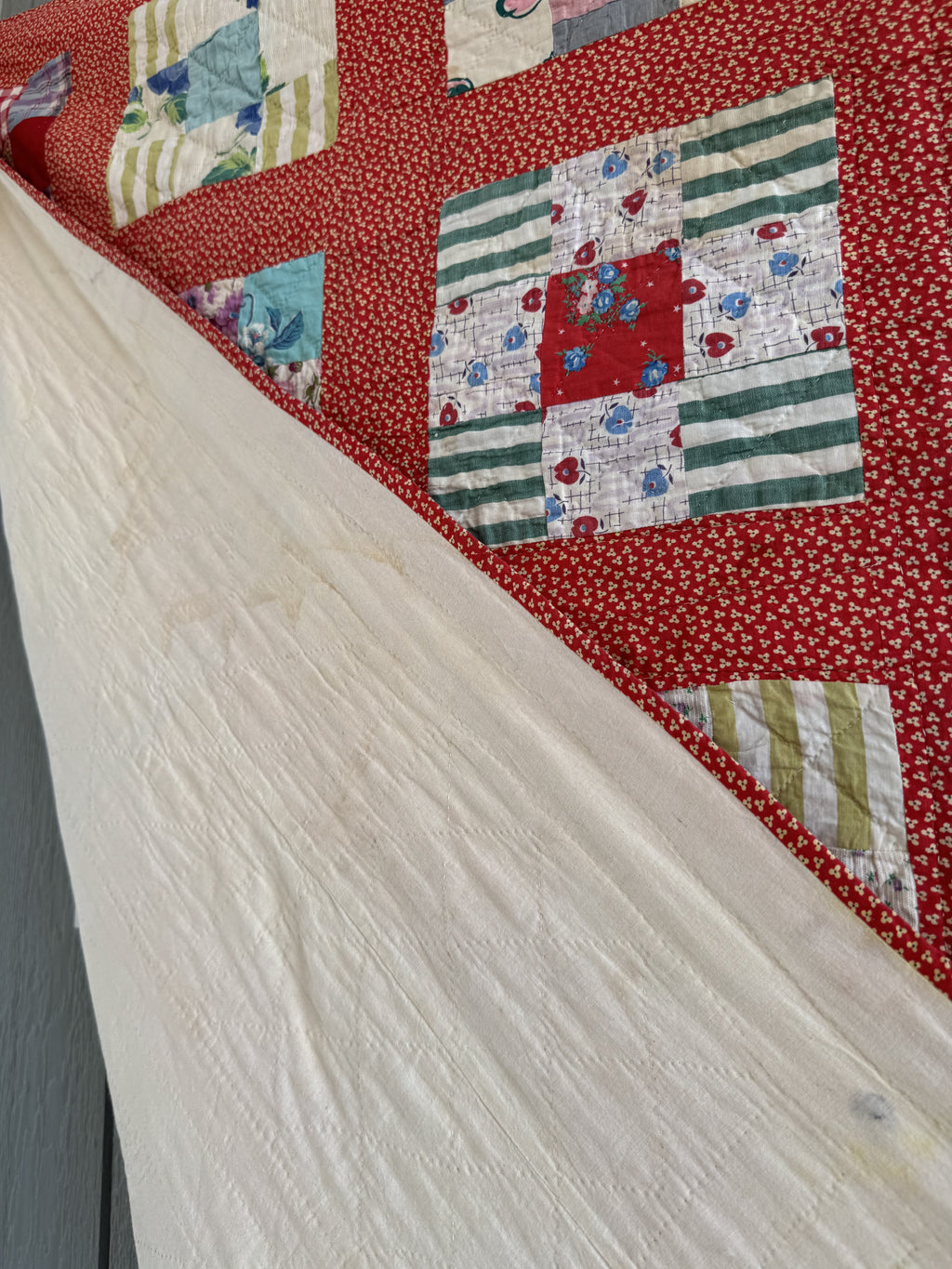 Vintage Quilt Red Calico Nine Patch