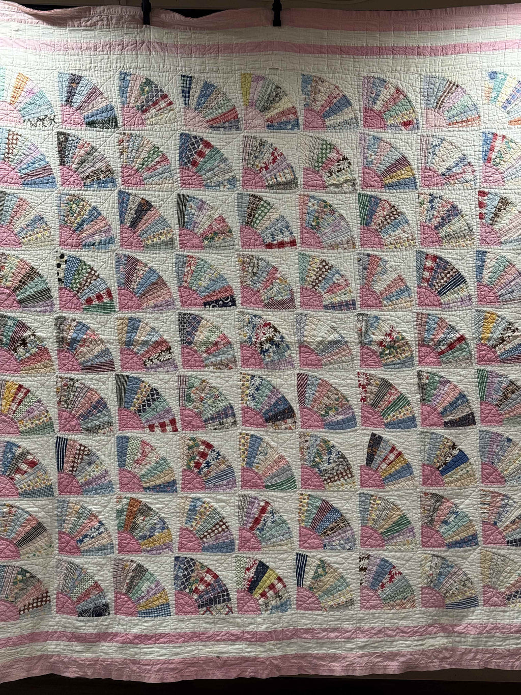 **SOLD** Vintage Grandmother's Fan Pink Feed Sack Quilt **SOLD**