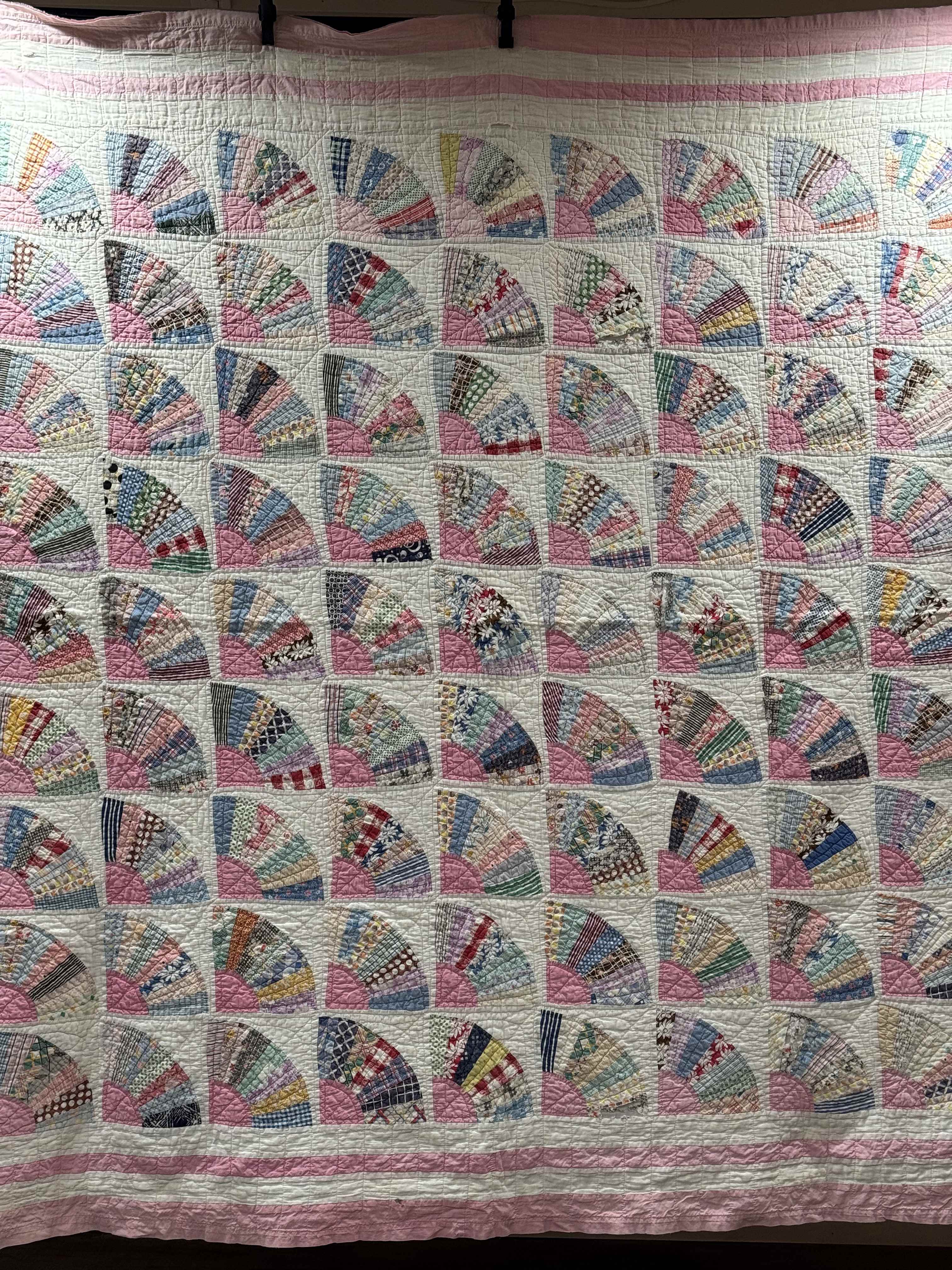 **SOLD** Vintage Grandmother's Fan Pink Feed Sack Quilt **SOLD**