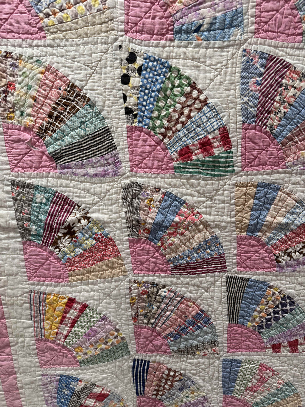 **SOLD** Vintage Grandmother's Fan Pink Feed Sack Quilt **SOLD**