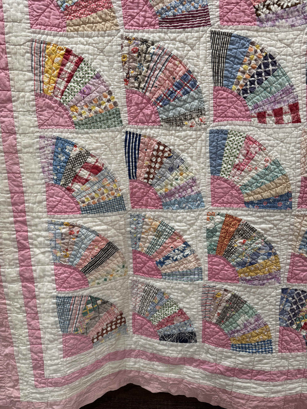**SOLD** Vintage Grandmother's Fan Pink Feed Sack Quilt **SOLD**