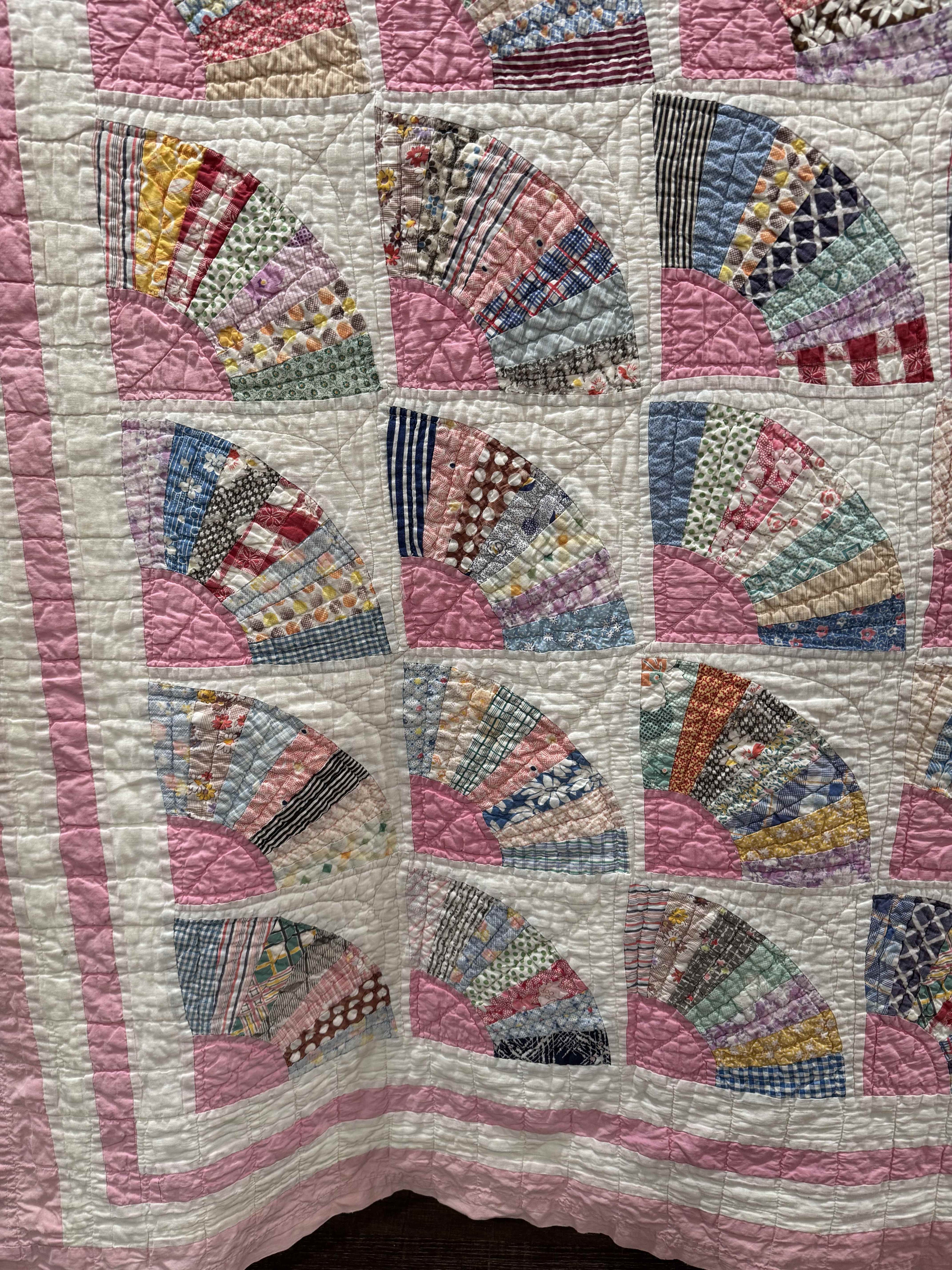 **SOLD** Vintage Grandmother's Fan Pink Feed Sack Quilt **SOLD**