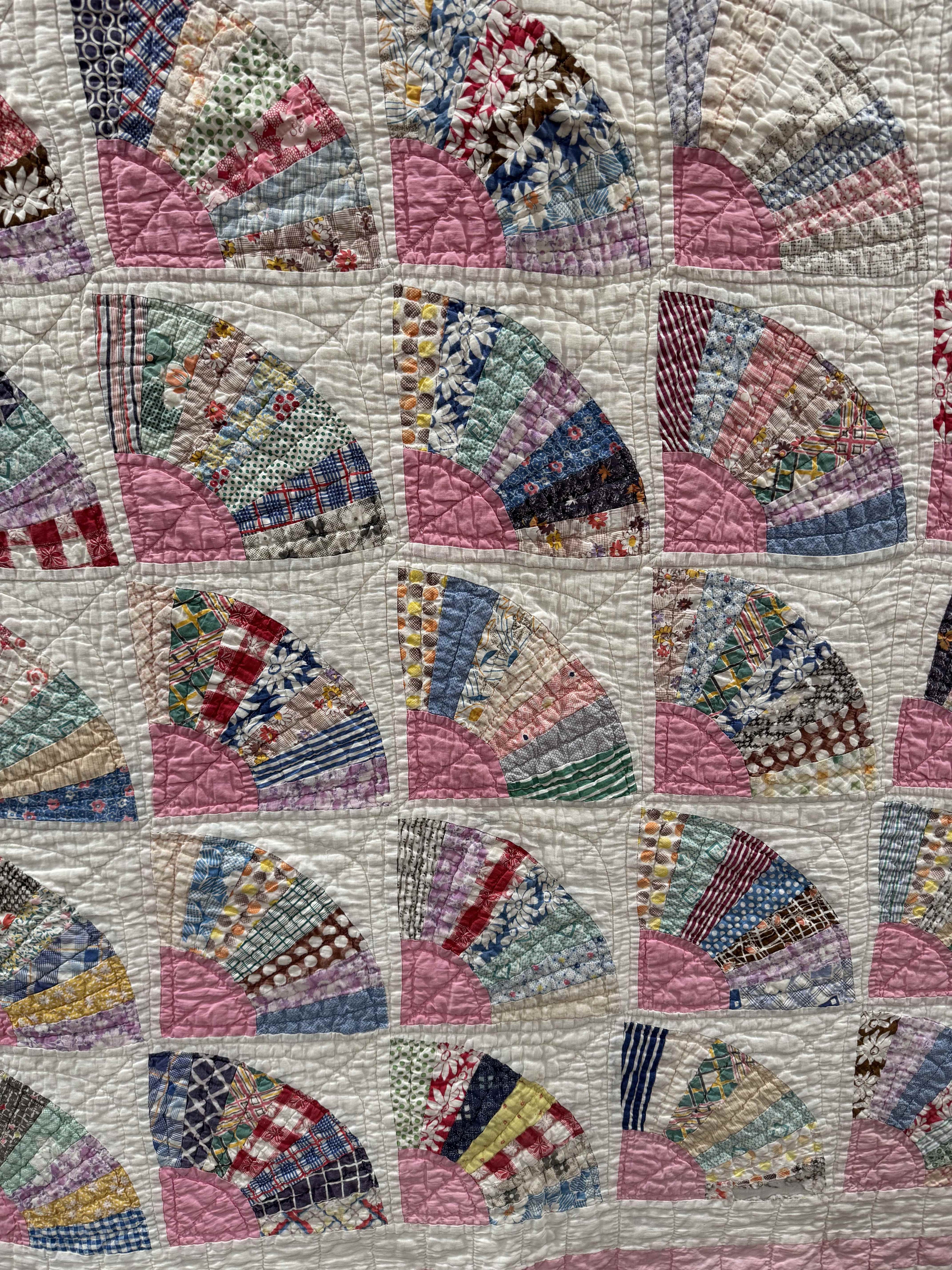 **SOLD** Vintage Grandmother's Fan Pink Feed Sack Quilt **SOLD**
