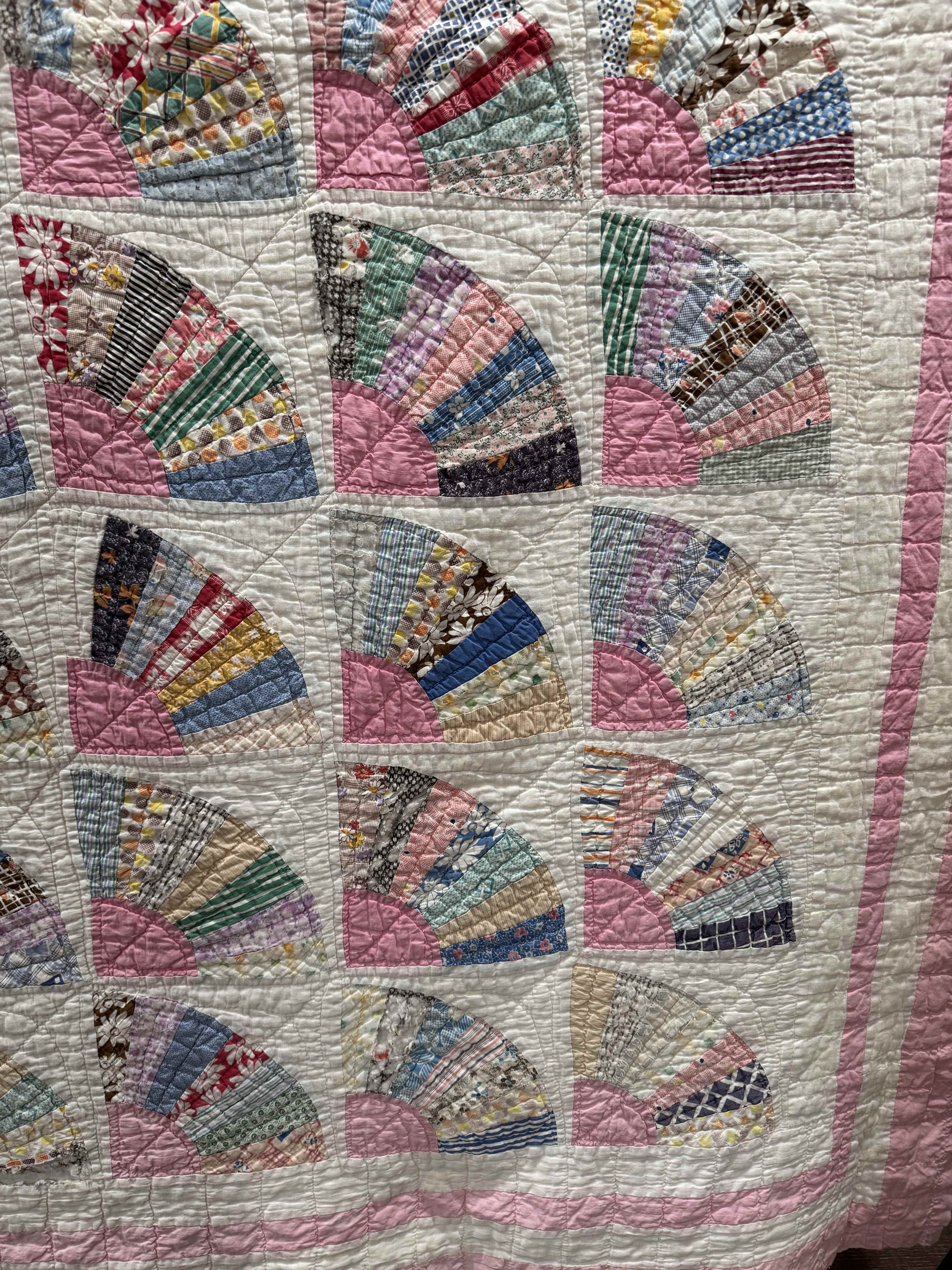 **SOLD** Vintage Grandmother's Fan Pink Feed Sack Quilt **SOLD**