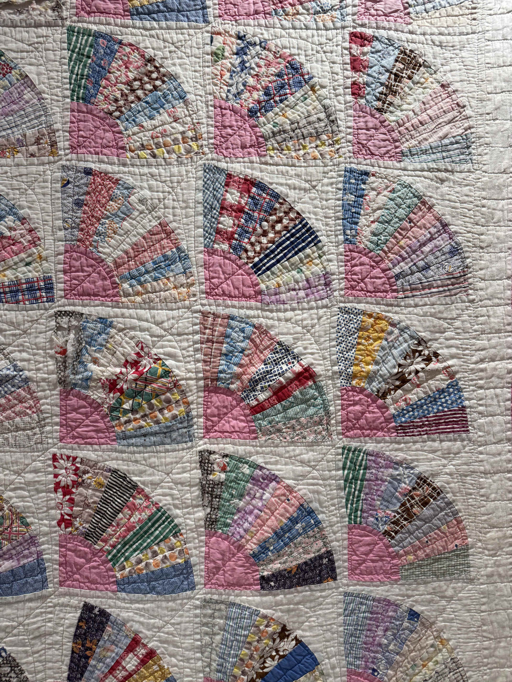 **SOLD** Vintage Grandmother's Fan Pink Feed Sack Quilt **SOLD**