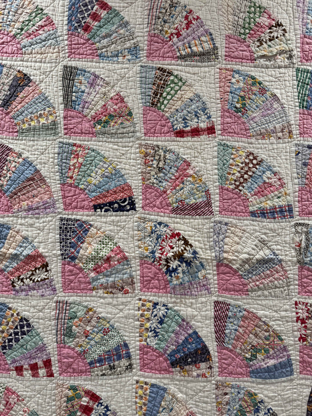 **SOLD** Vintage Grandmother's Fan Pink Feed Sack Quilt **SOLD**