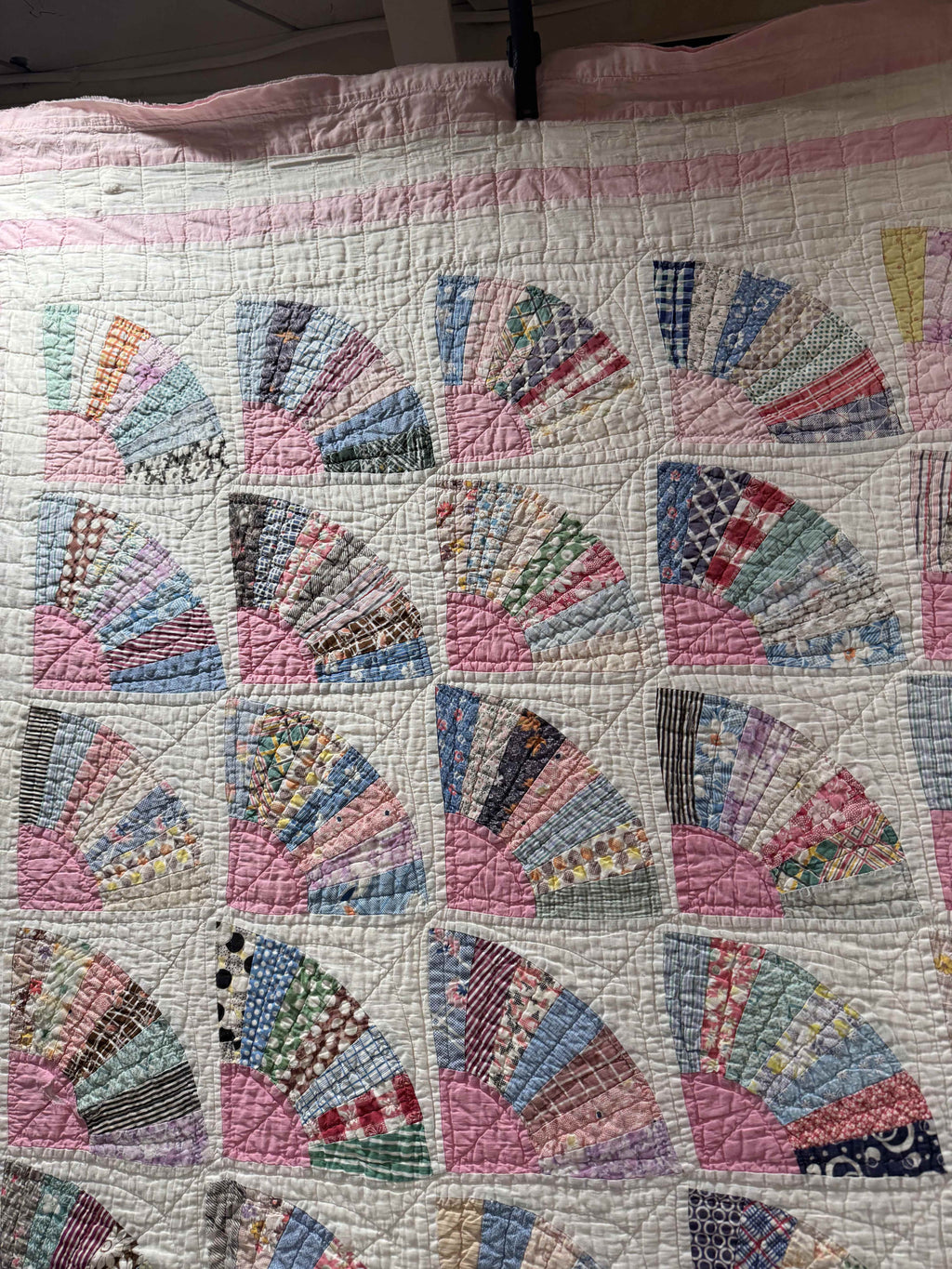 **SOLD** Vintage Grandmother's Fan Pink Feed Sack Quilt **SOLD**