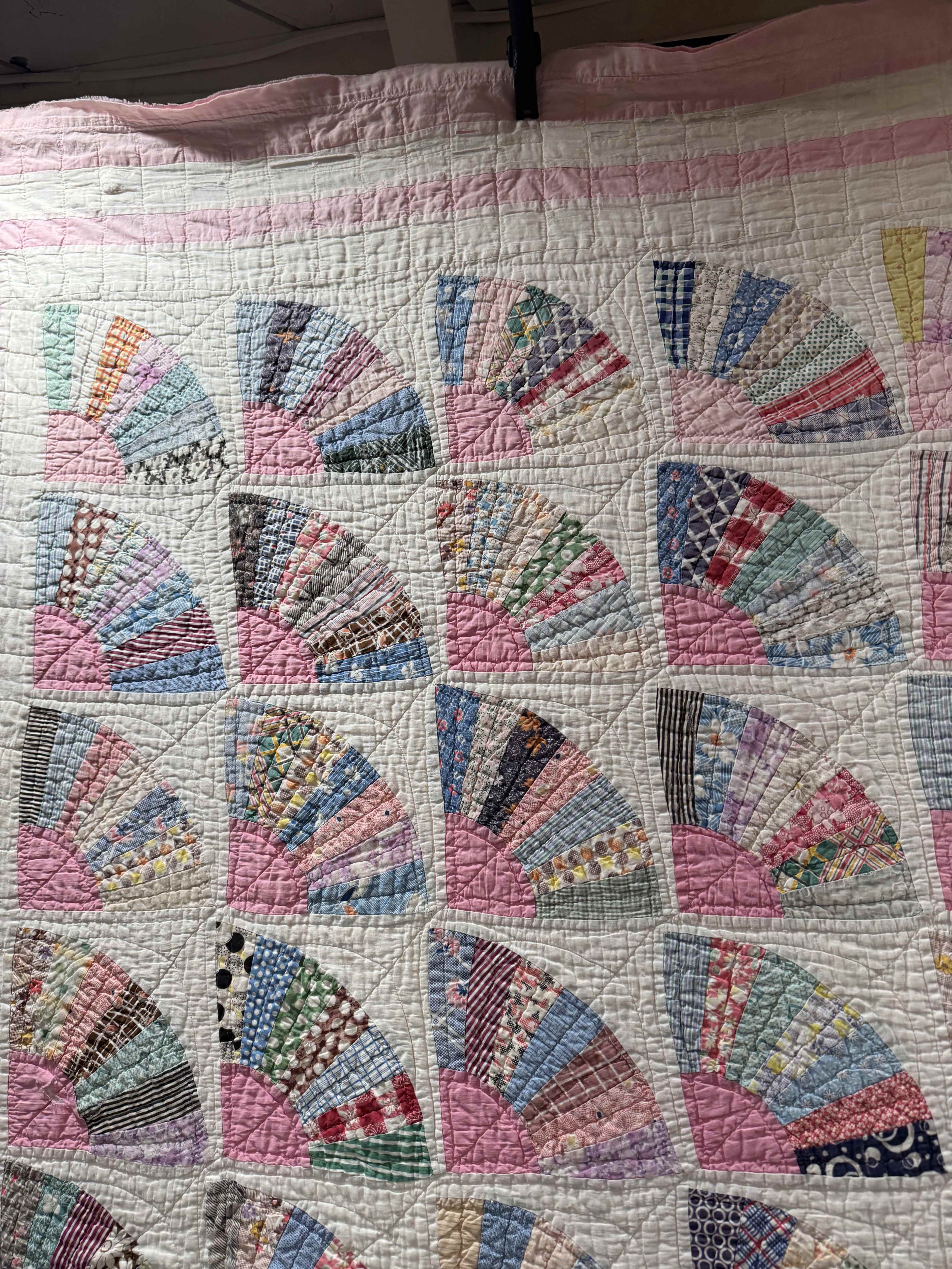 **SOLD** Vintage Grandmother's Fan Pink Feed Sack Quilt **SOLD**