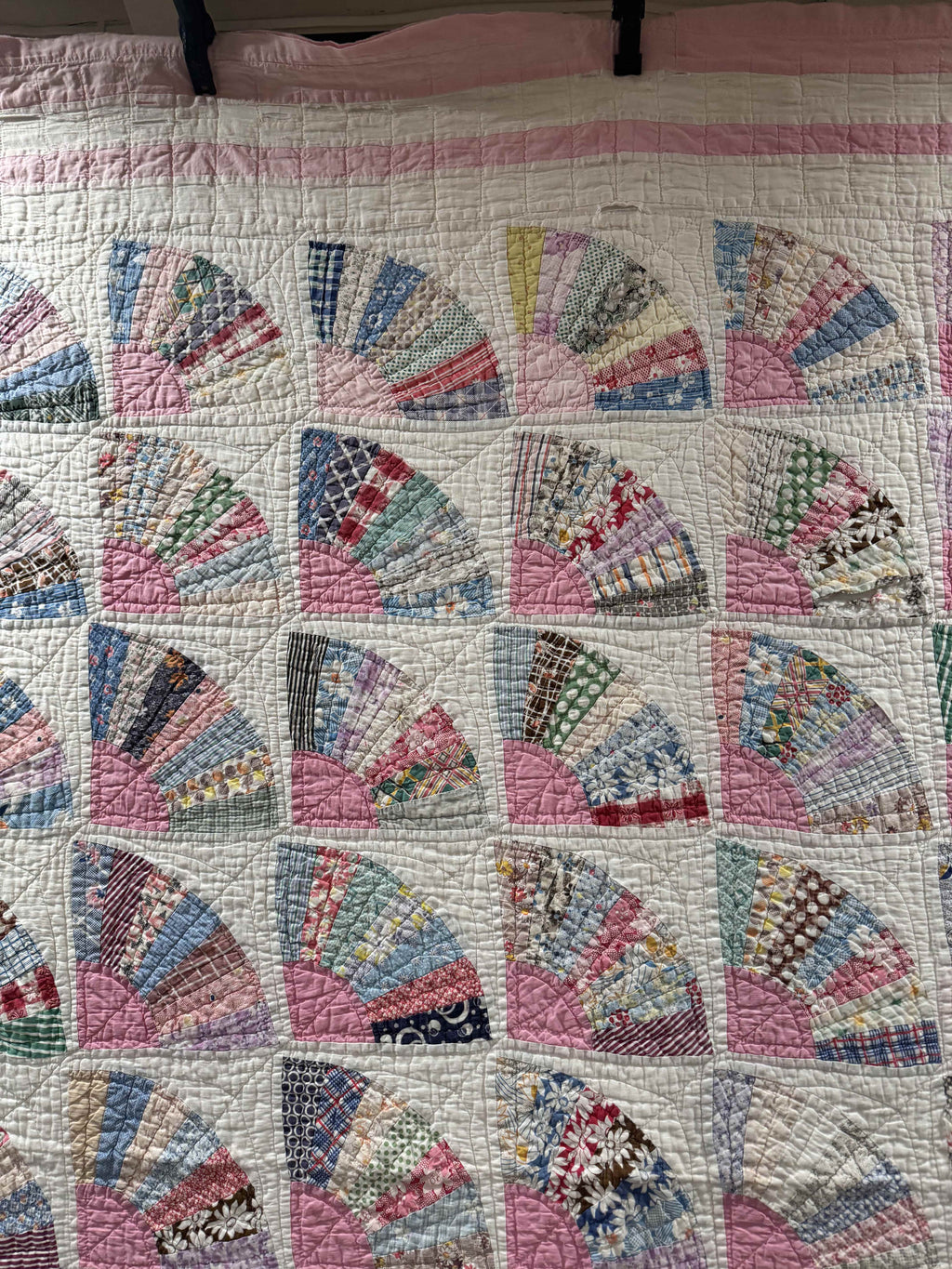 **SOLD** Vintage Grandmother's Fan Pink Feed Sack Quilt **SOLD**