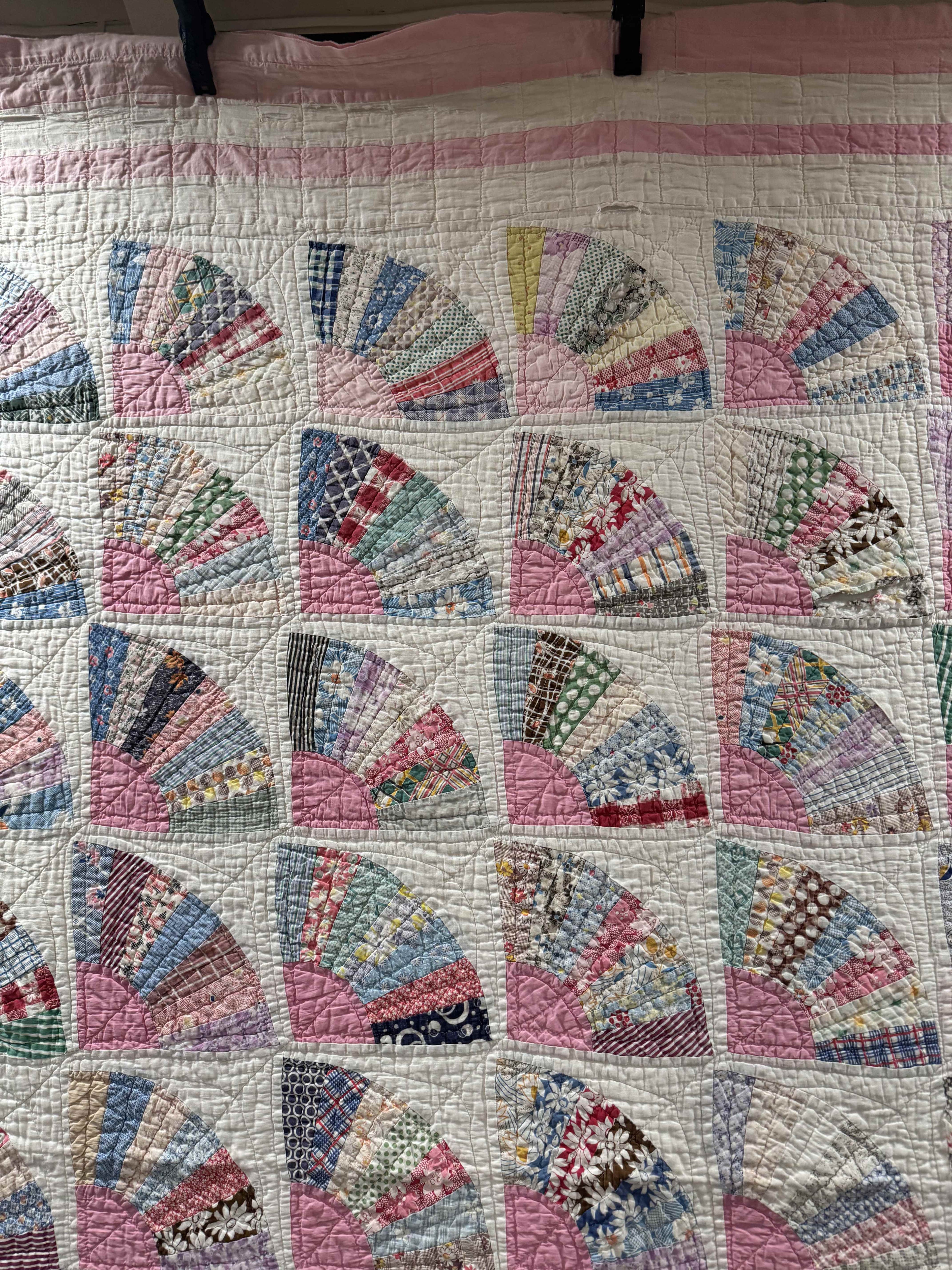 **SOLD** Vintage Grandmother's Fan Pink Feed Sack Quilt **SOLD**