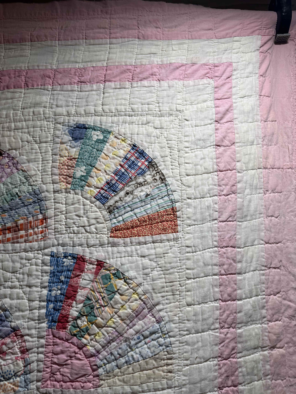 **SOLD** Vintage Grandmother's Fan Pink Feed Sack Quilt **SOLD**