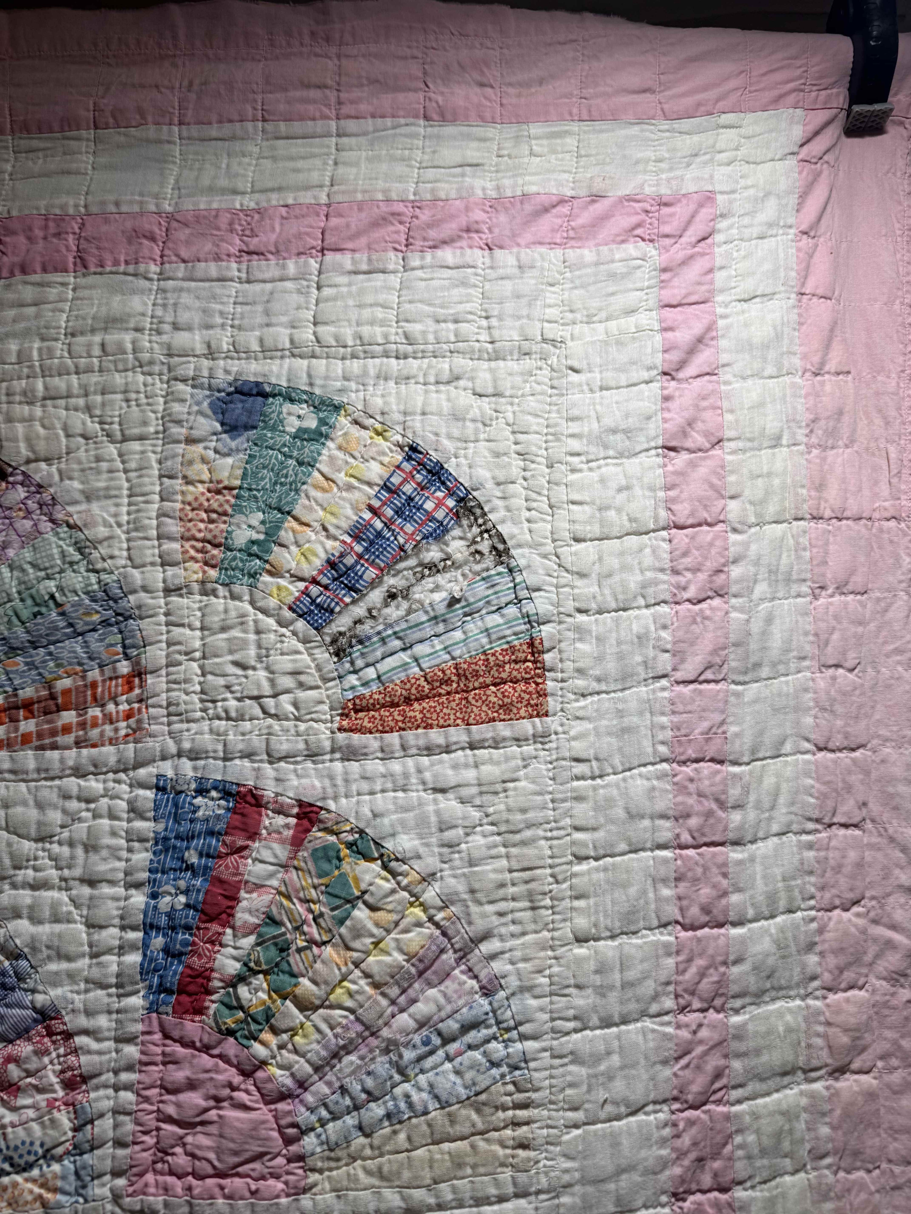 **SOLD** Vintage Grandmother's Fan Pink Feed Sack Quilt **SOLD**