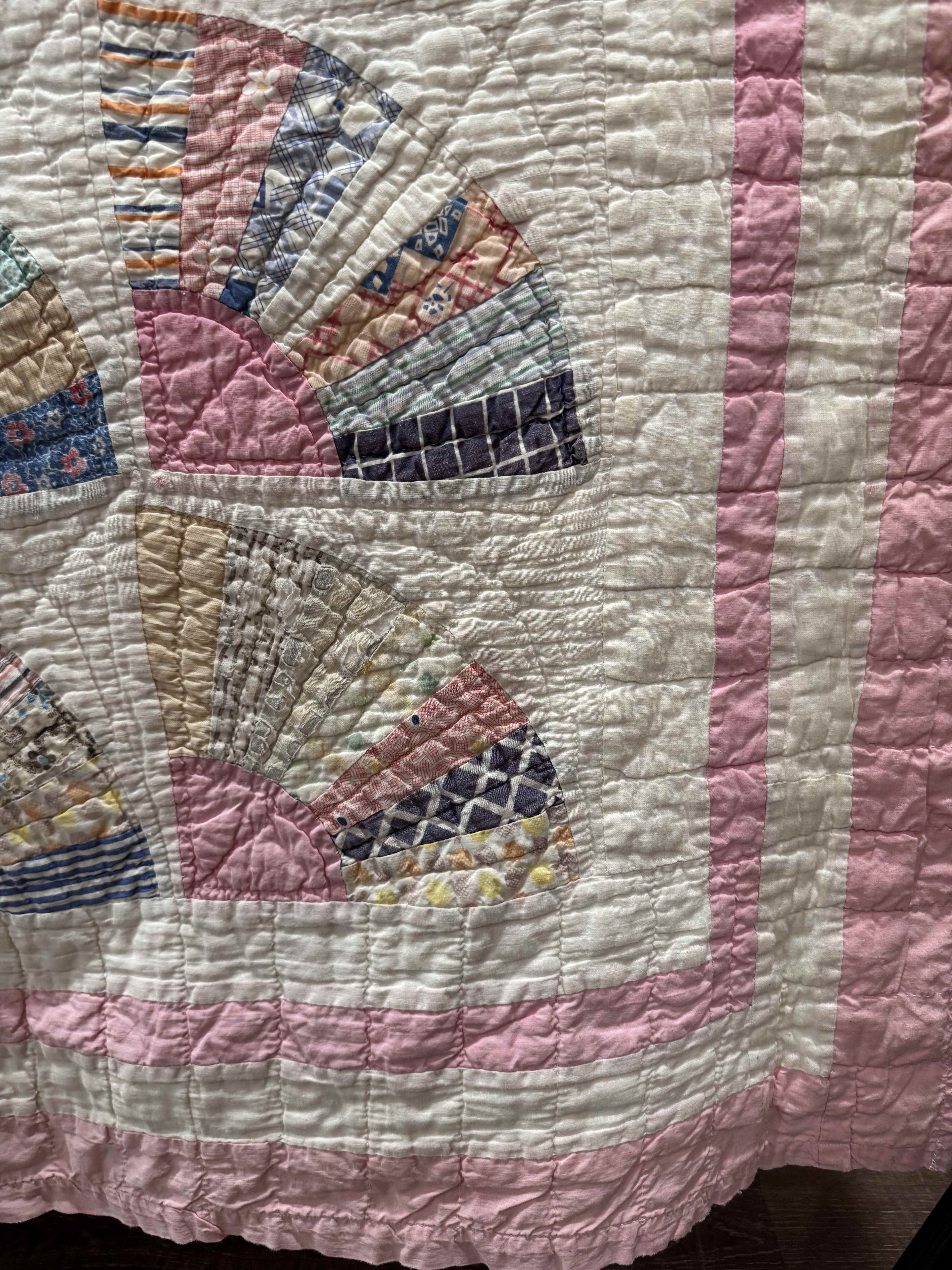 **SOLD** Vintage Grandmother's Fan Pink Feed Sack Quilt **SOLD**
