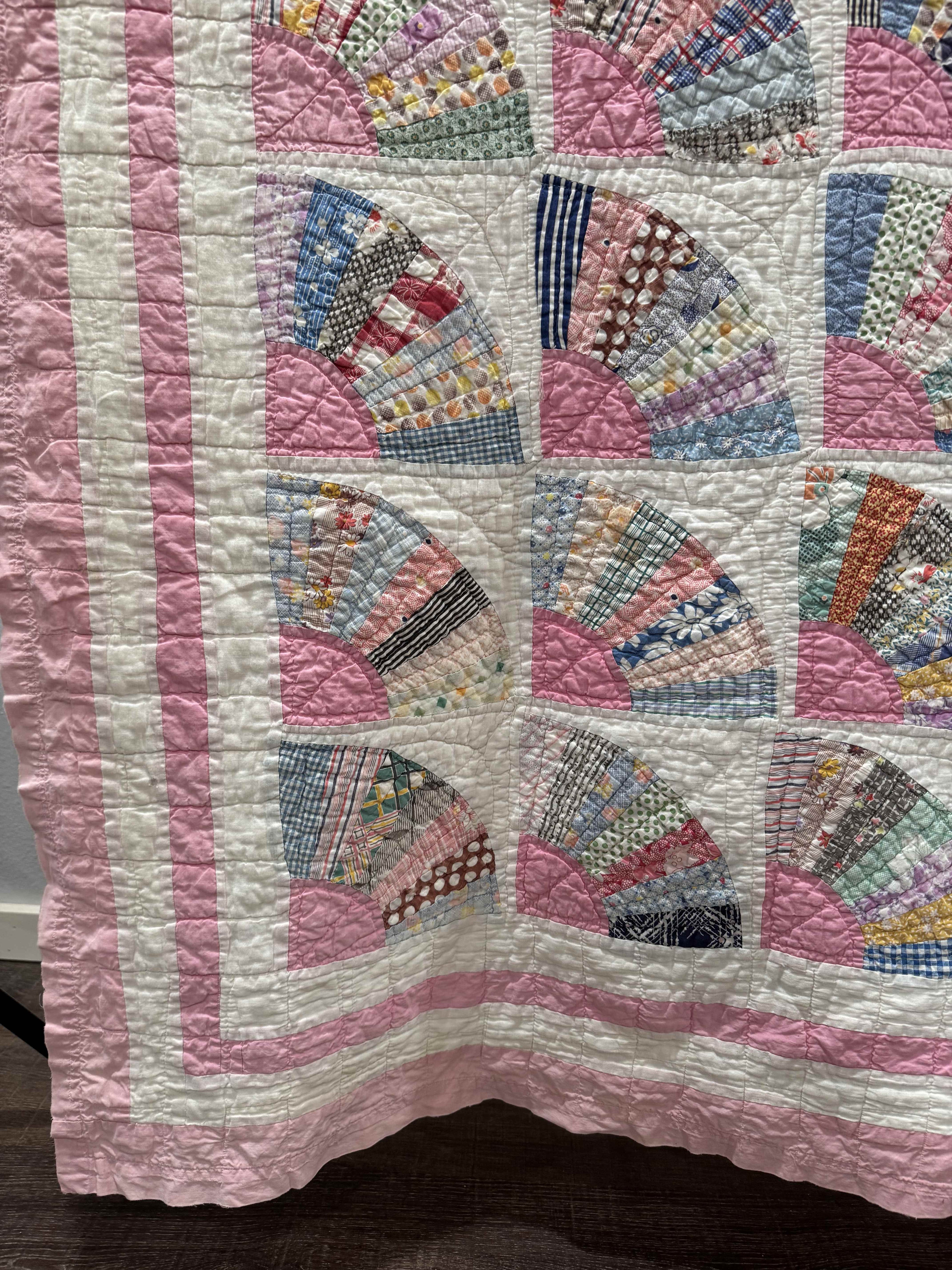 **SOLD** Vintage Grandmother's Fan Pink Feed Sack Quilt **SOLD**