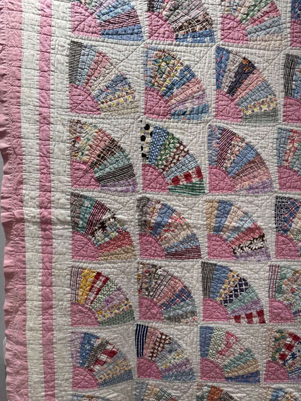 **SOLD** Vintage Grandmother's Fan Pink Feed Sack Quilt **SOLD**