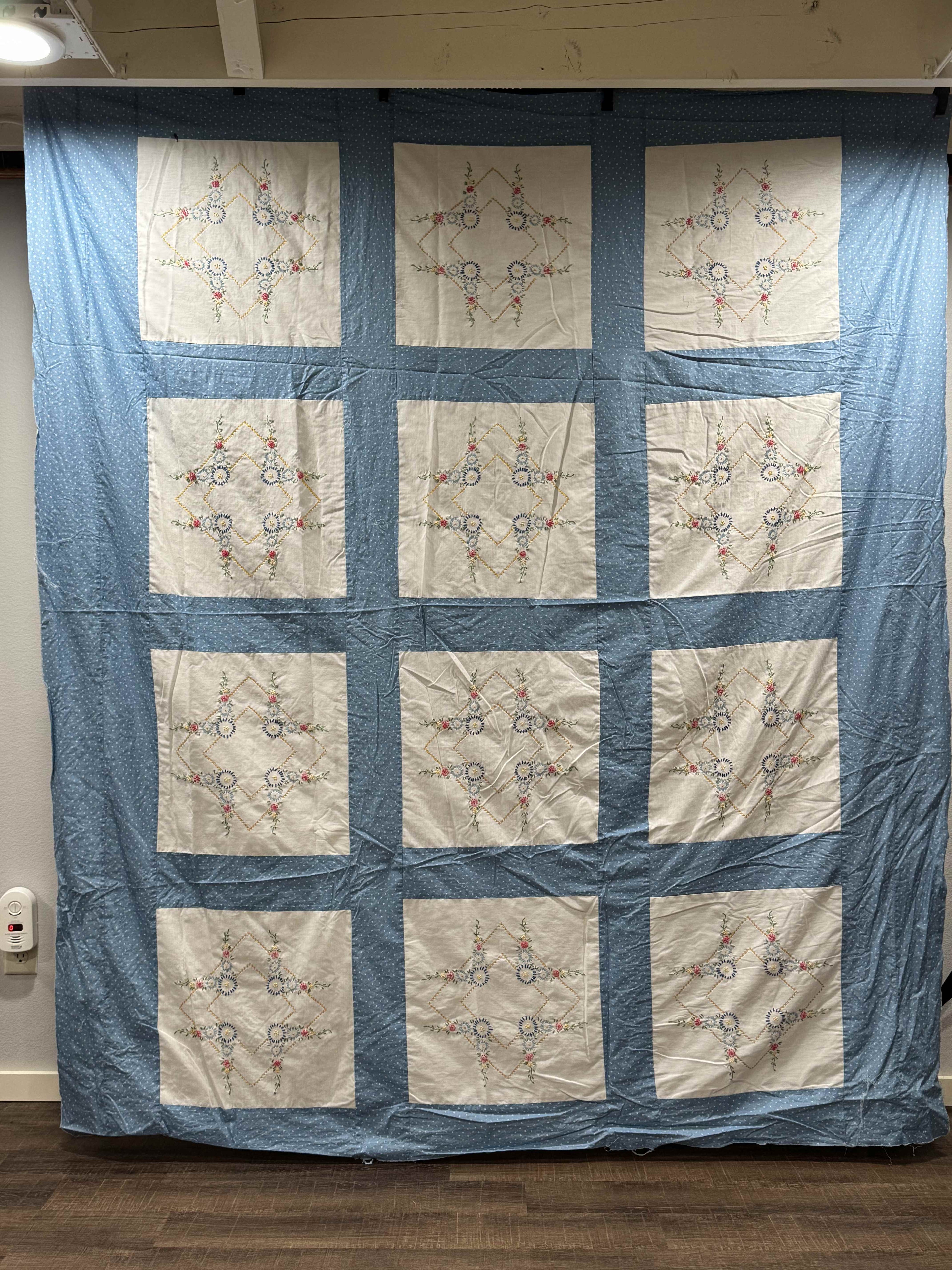 Vintage Embroidered Blue Sashed Quilt Top