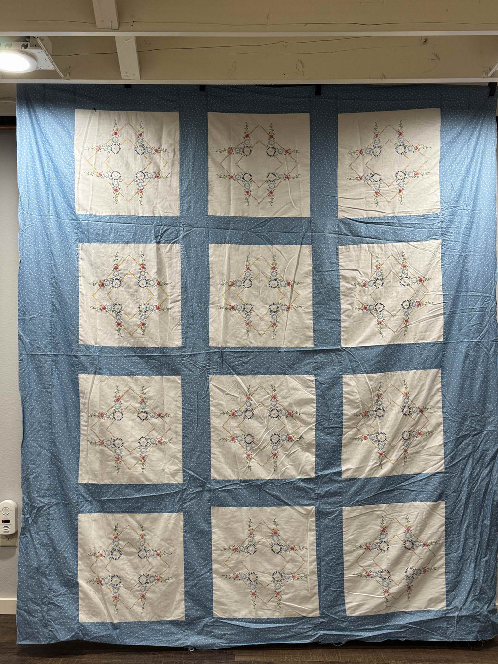 Vintage Embroidered Blue Sashed Quilt Top