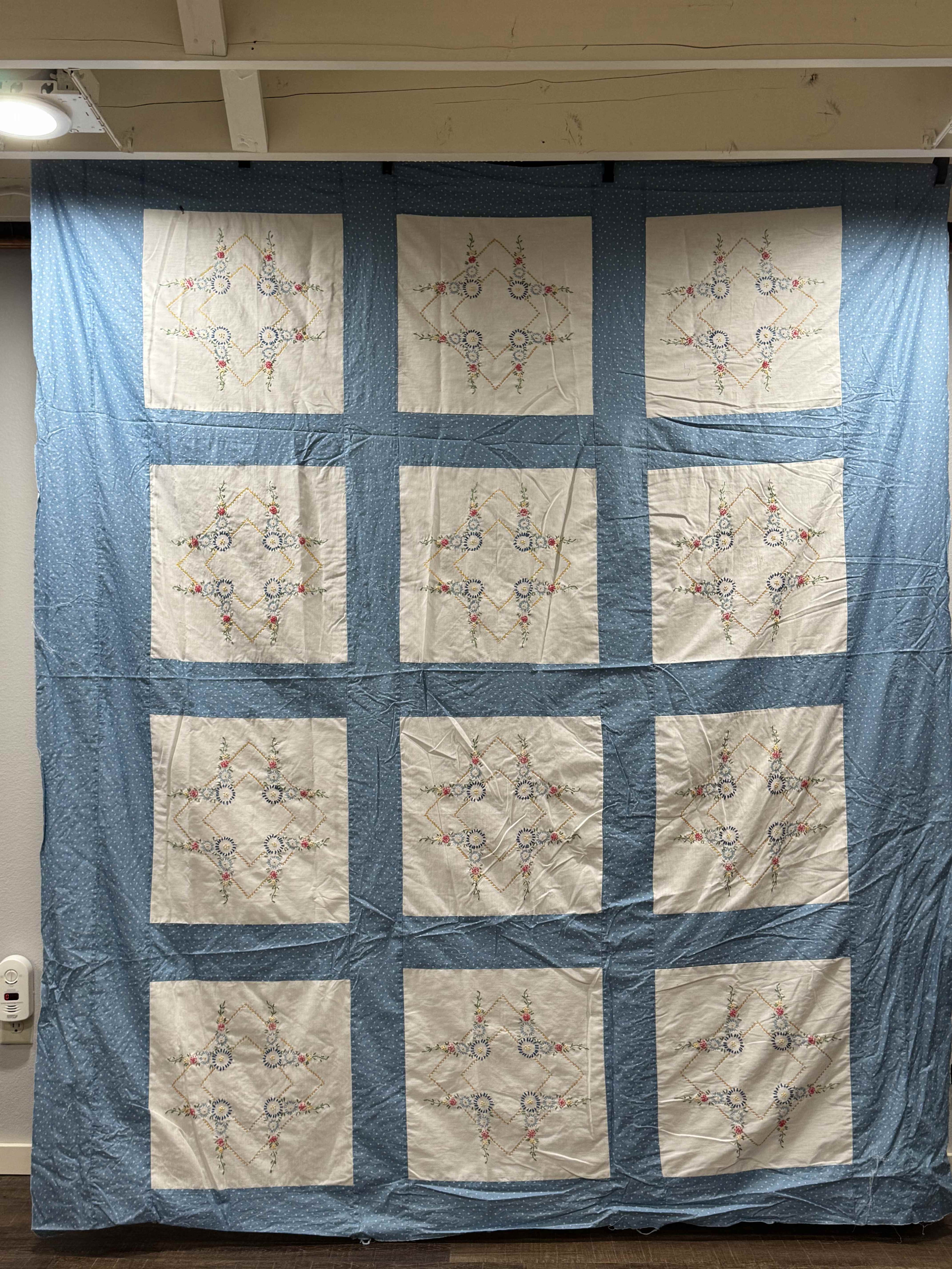 Vintage Embroidered Blue Sashed Quilt Top