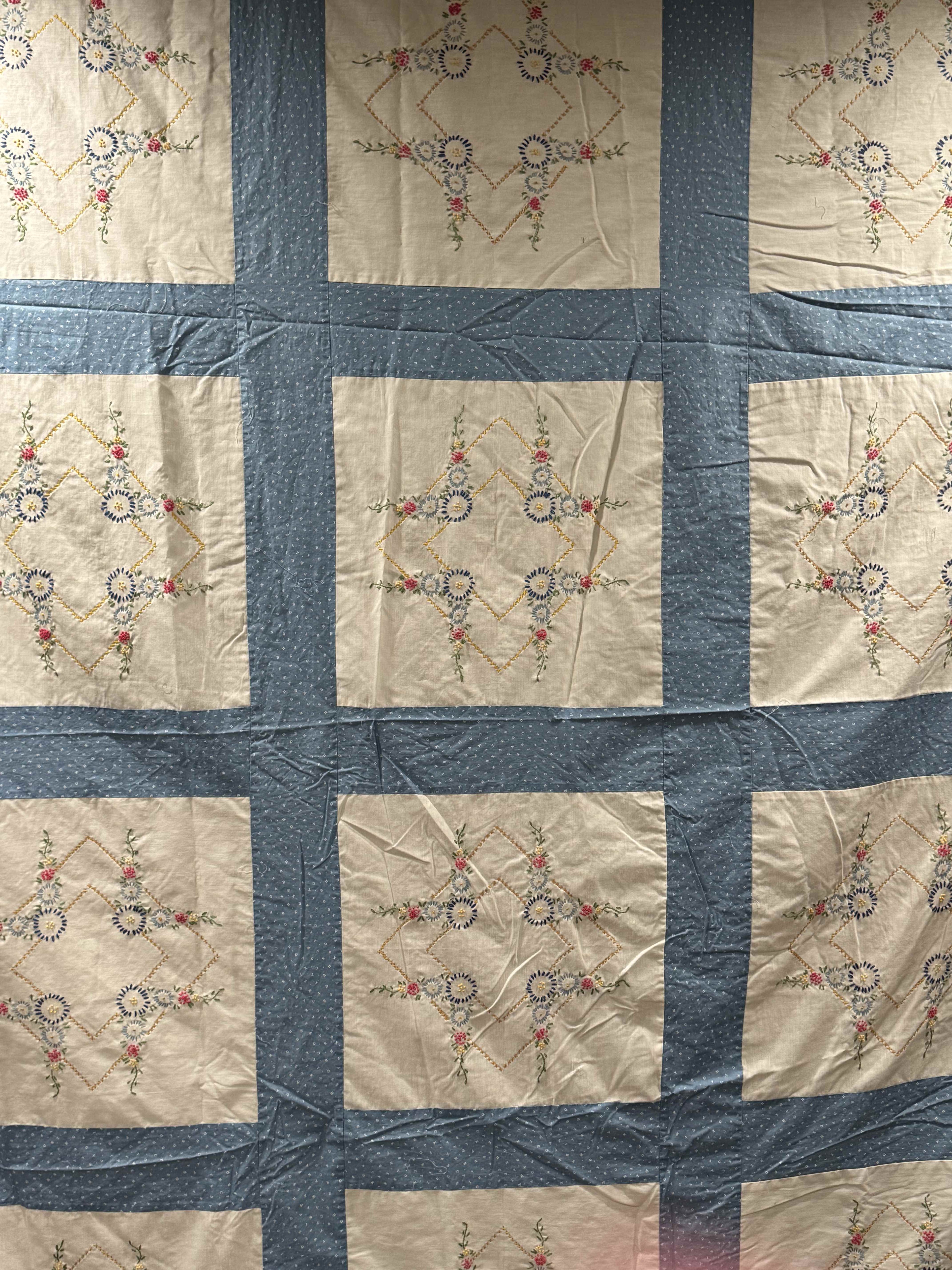 Vintage Embroidered Blue Sashed Quilt Top
