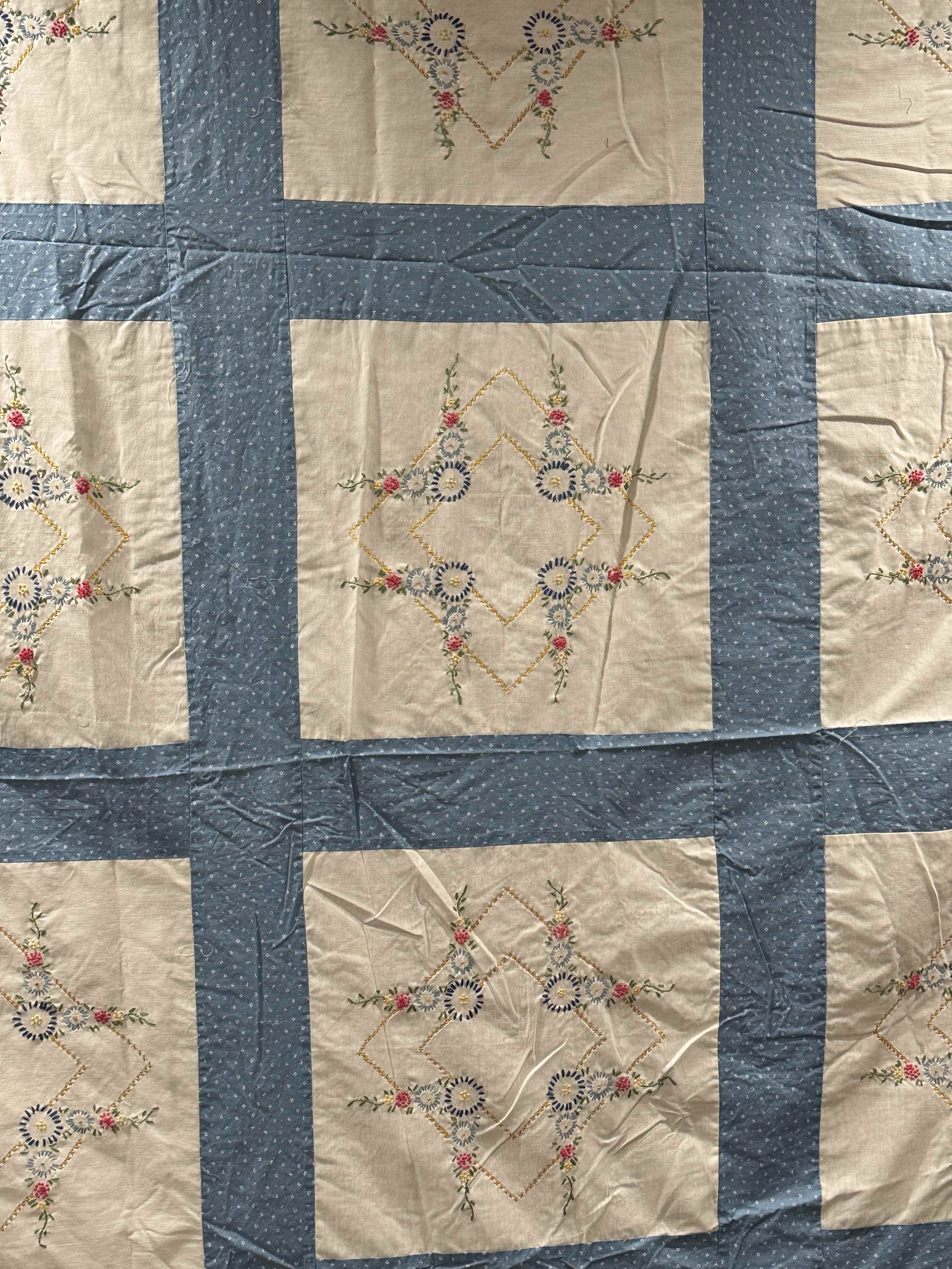 Vintage Embroidered Blue Sashed Quilt Top