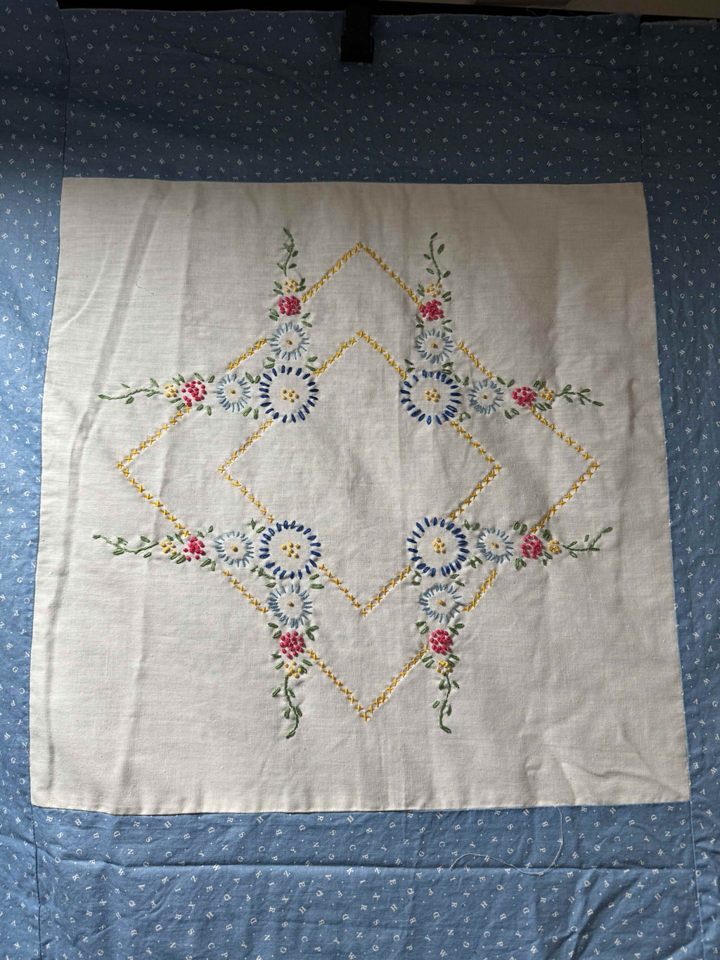 Vintage Embroidered Blue Sashed Quilt Top