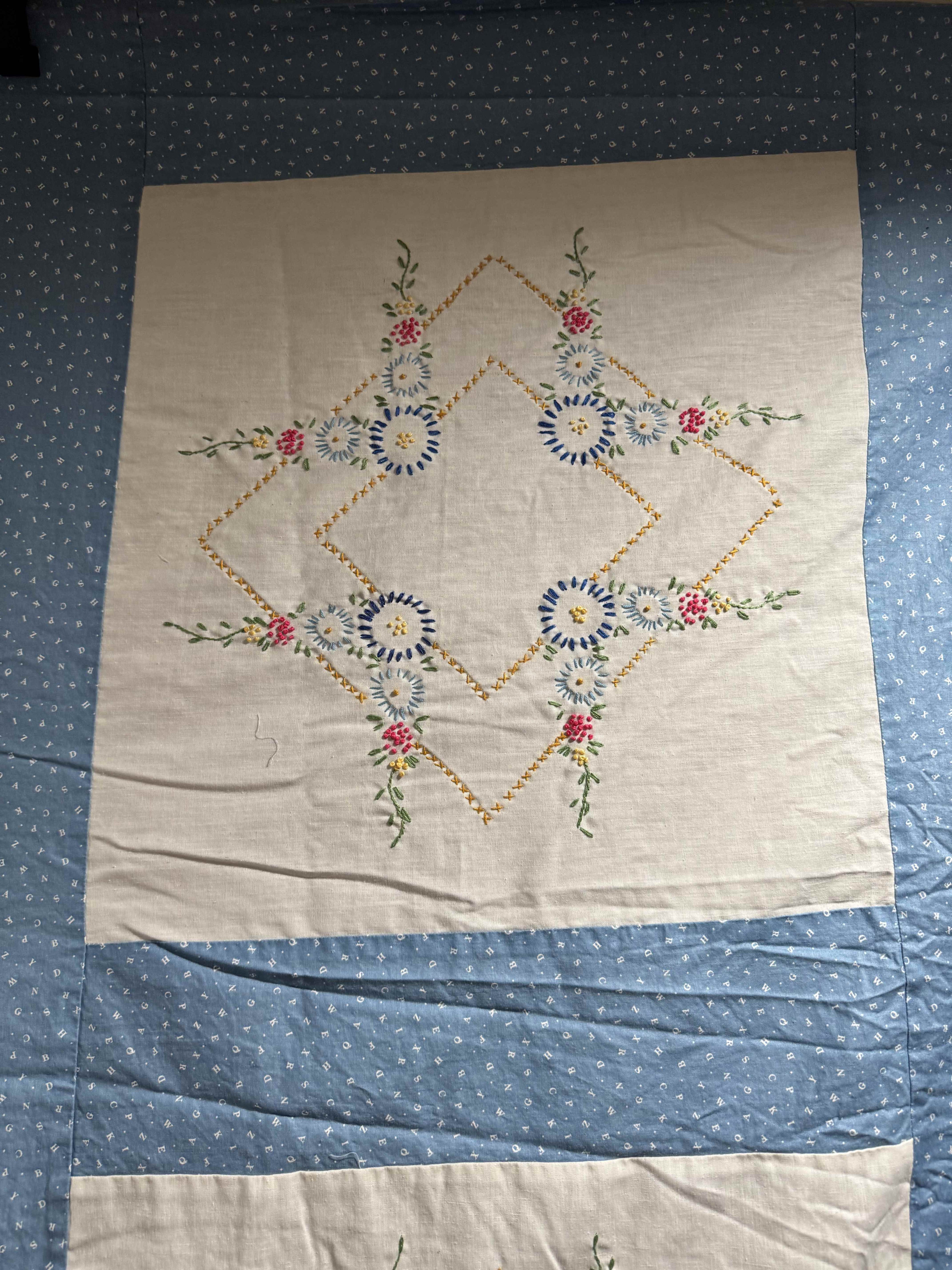 Vintage Embroidered Blue Sashed Quilt Top