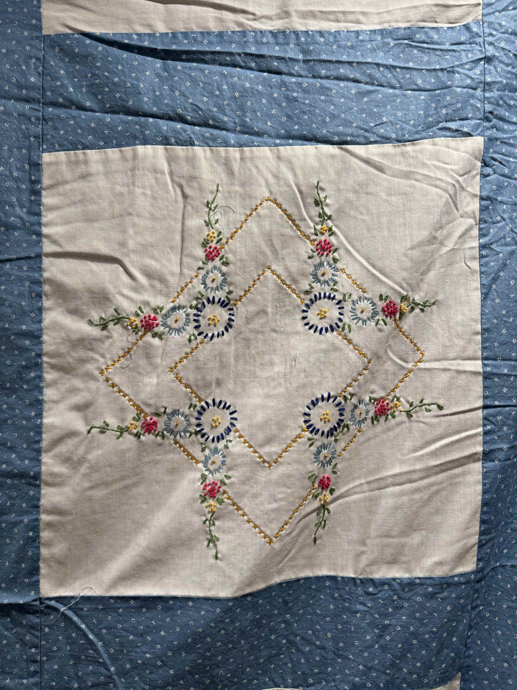 Vintage Embroidered Blue Sashed Quilt Top