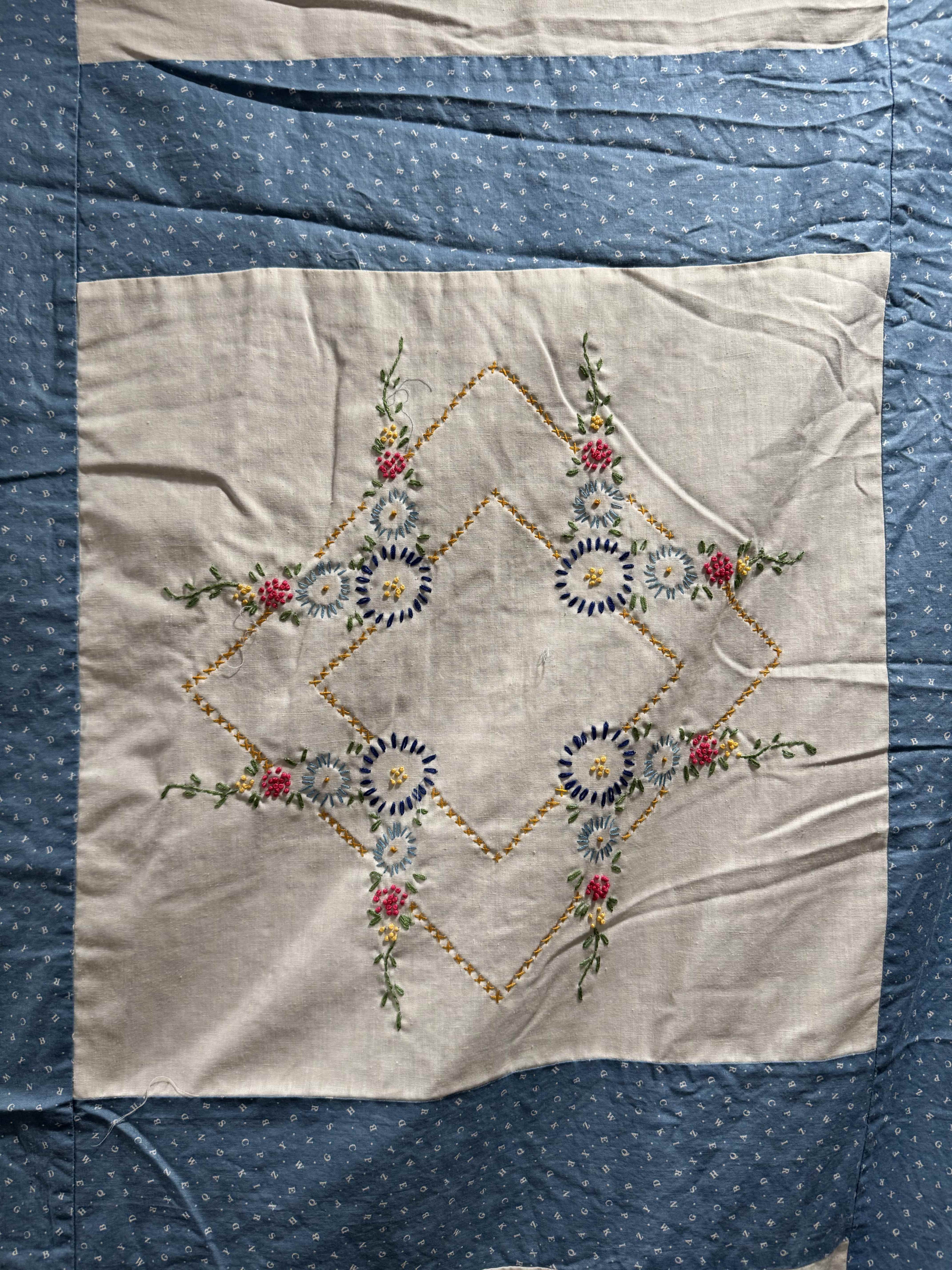 Vintage Embroidered Blue Sashed Quilt Top