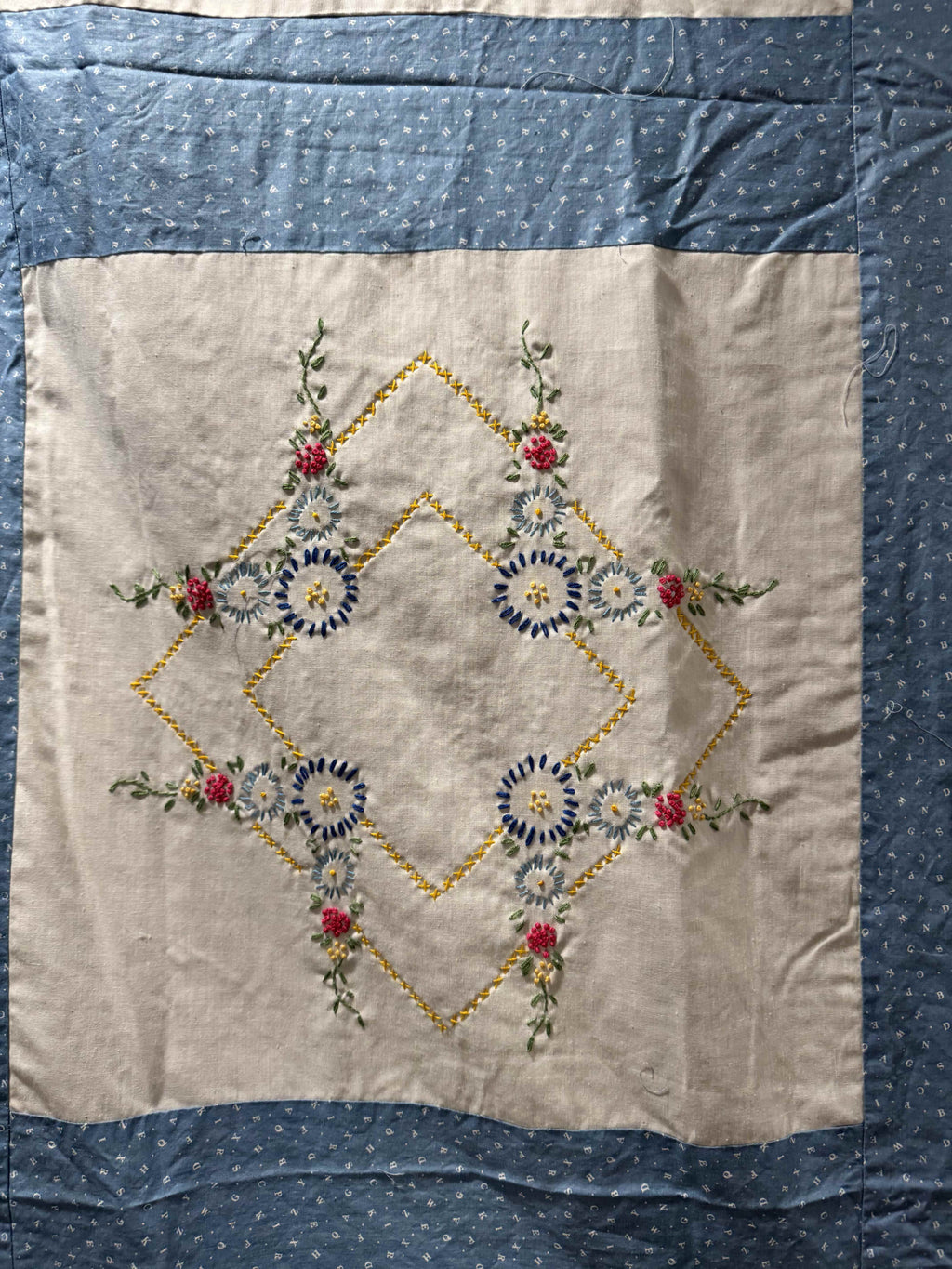 Vintage Embroidered Blue Sashed Quilt Top
