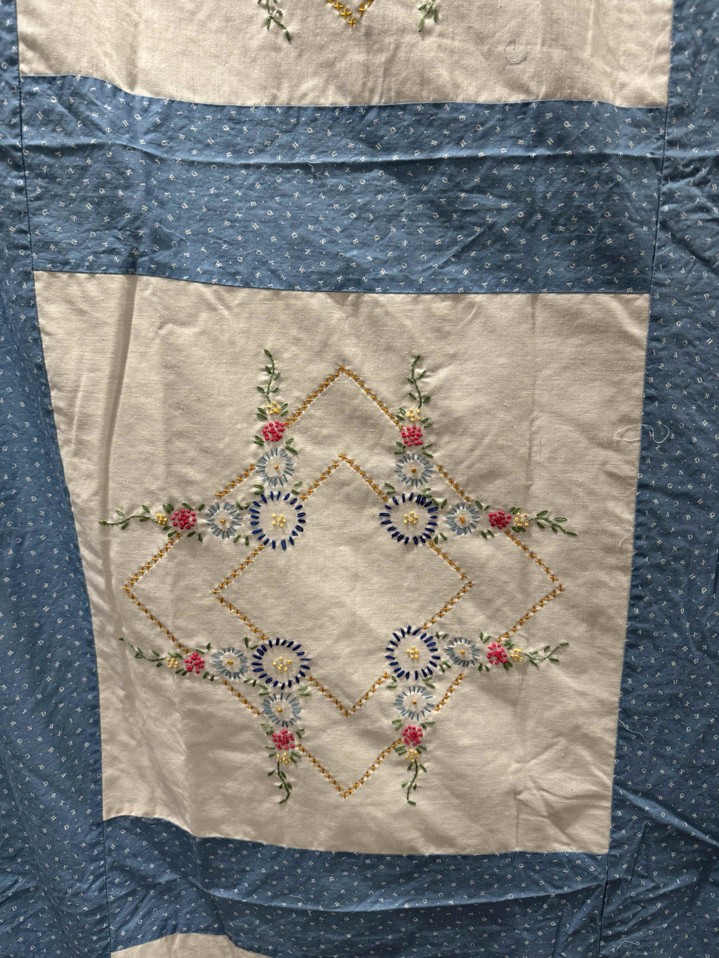 Vintage Embroidered Blue Sashed Quilt Top