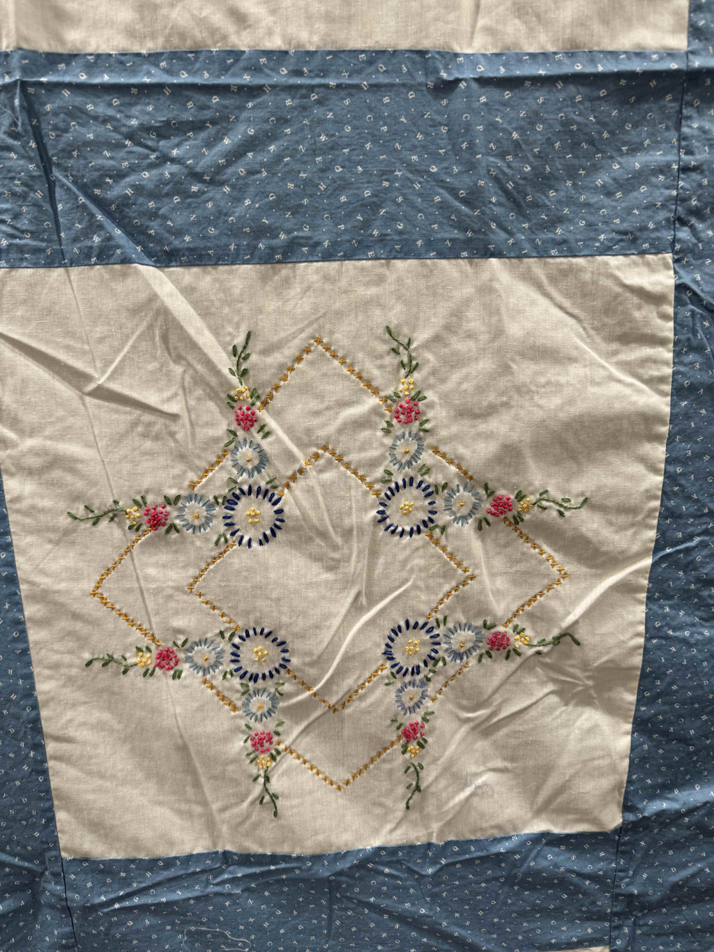 Vintage Embroidered Blue Sashed Quilt Top