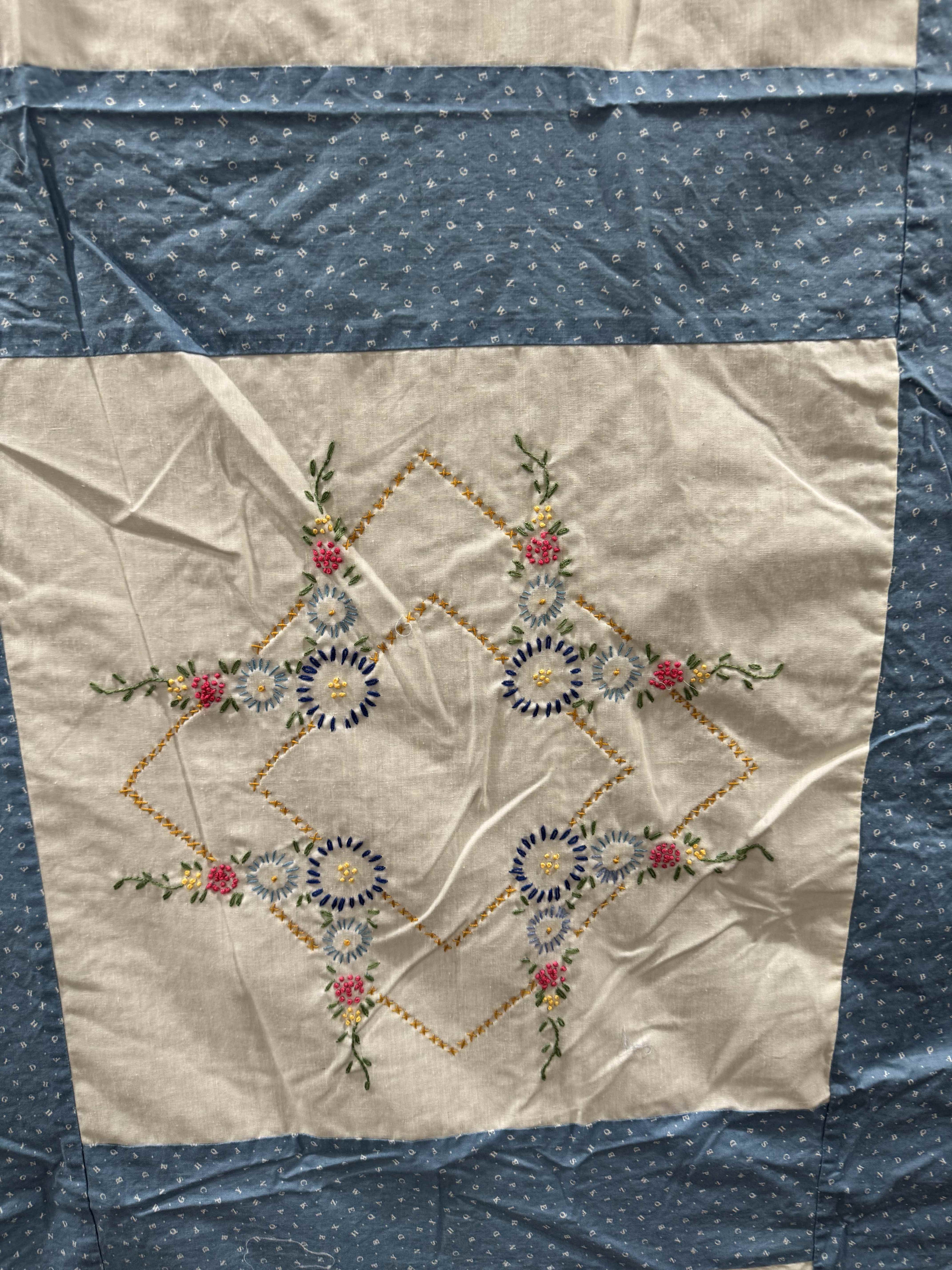 Vintage Embroidered Blue Sashed Quilt Top