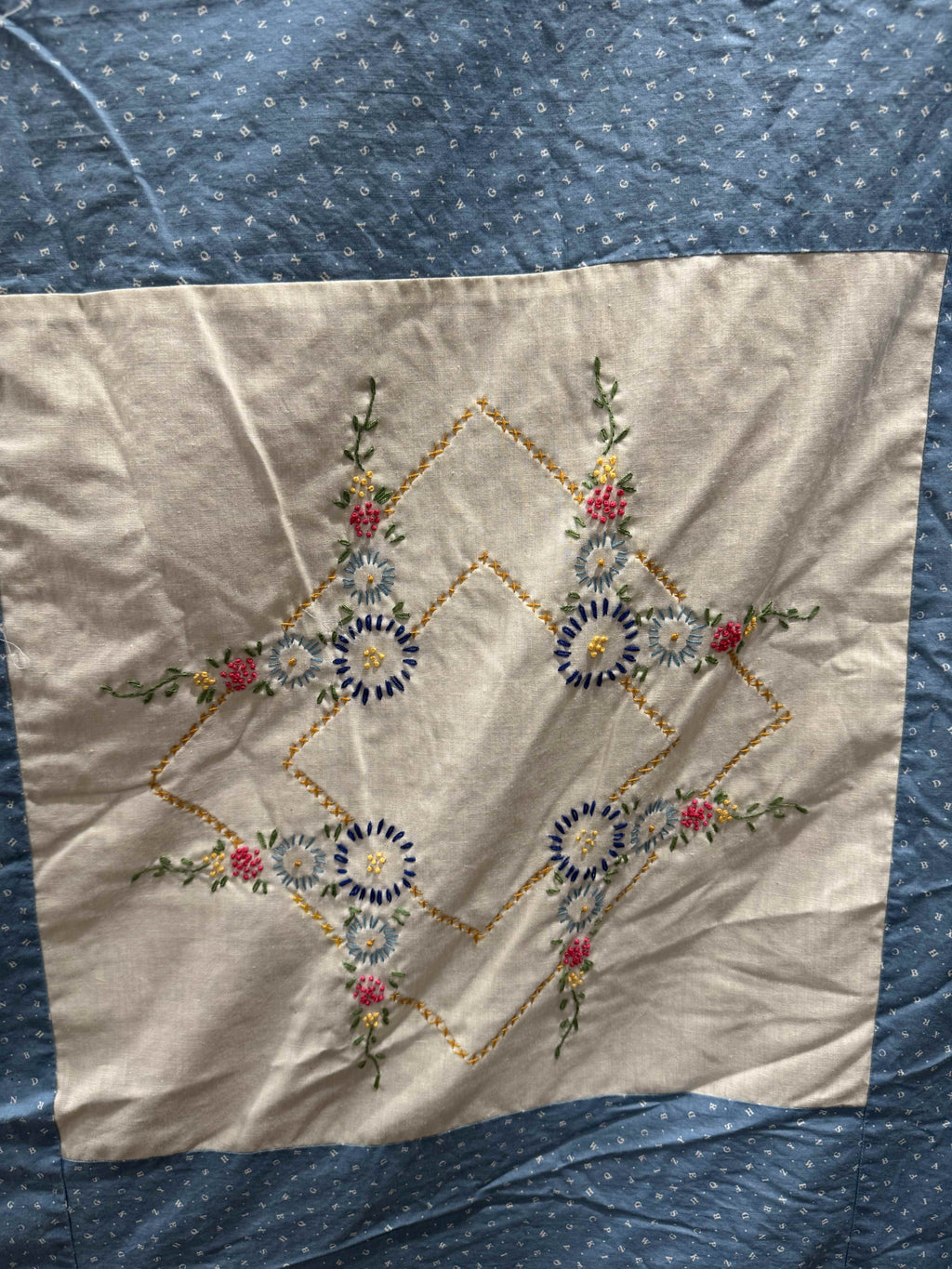 Vintage Embroidered Blue Sashed Quilt Top