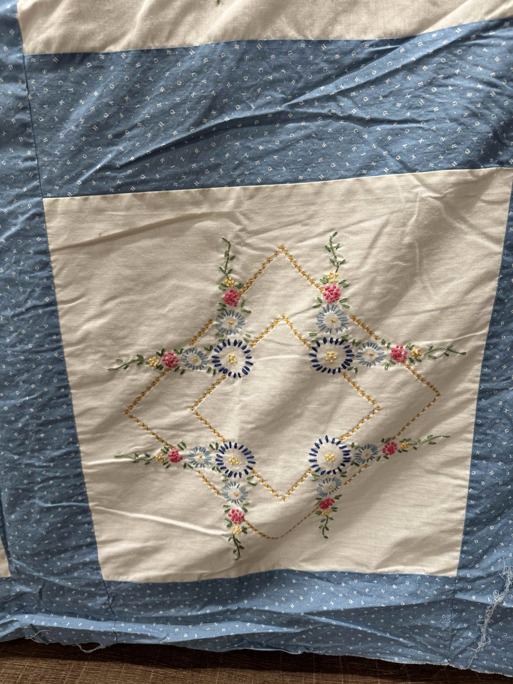 Vintage Embroidered Blue Sashed Quilt Top