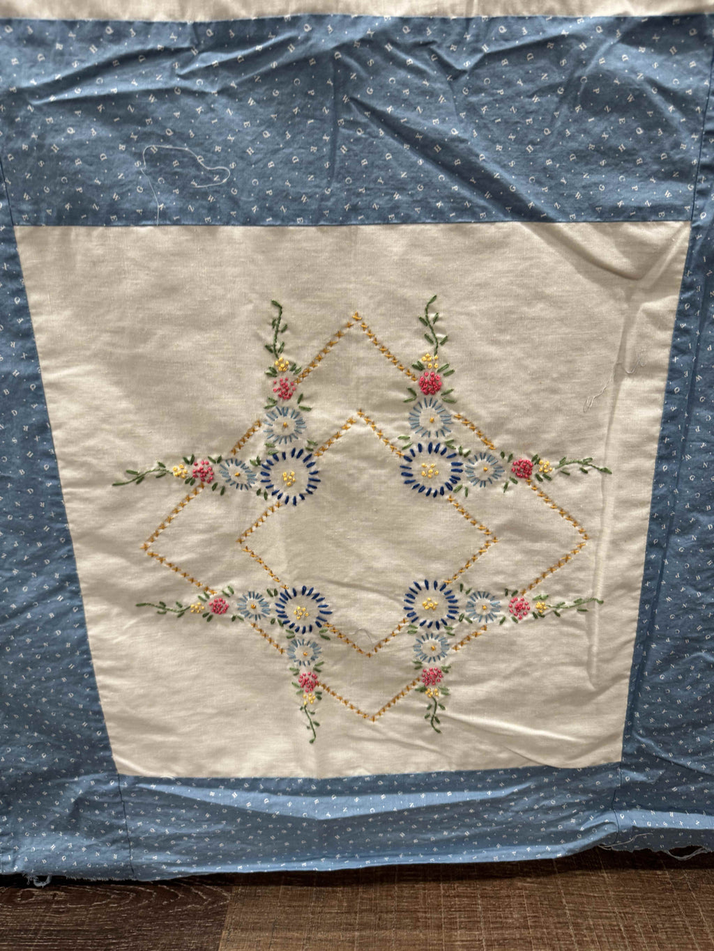 Vintage Embroidered Blue Sashed Quilt Top