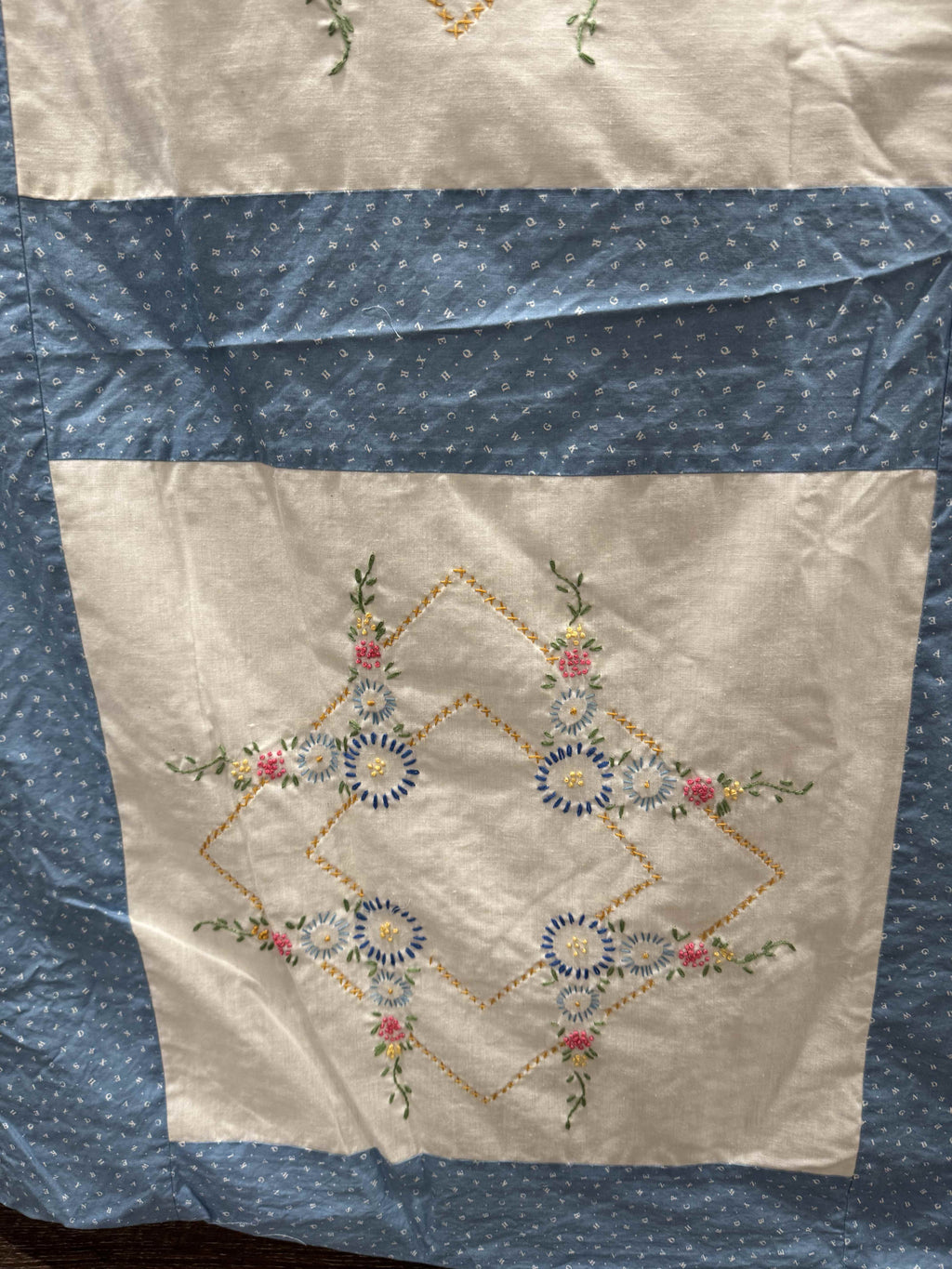 Vintage Embroidered Blue Sashed Quilt Top