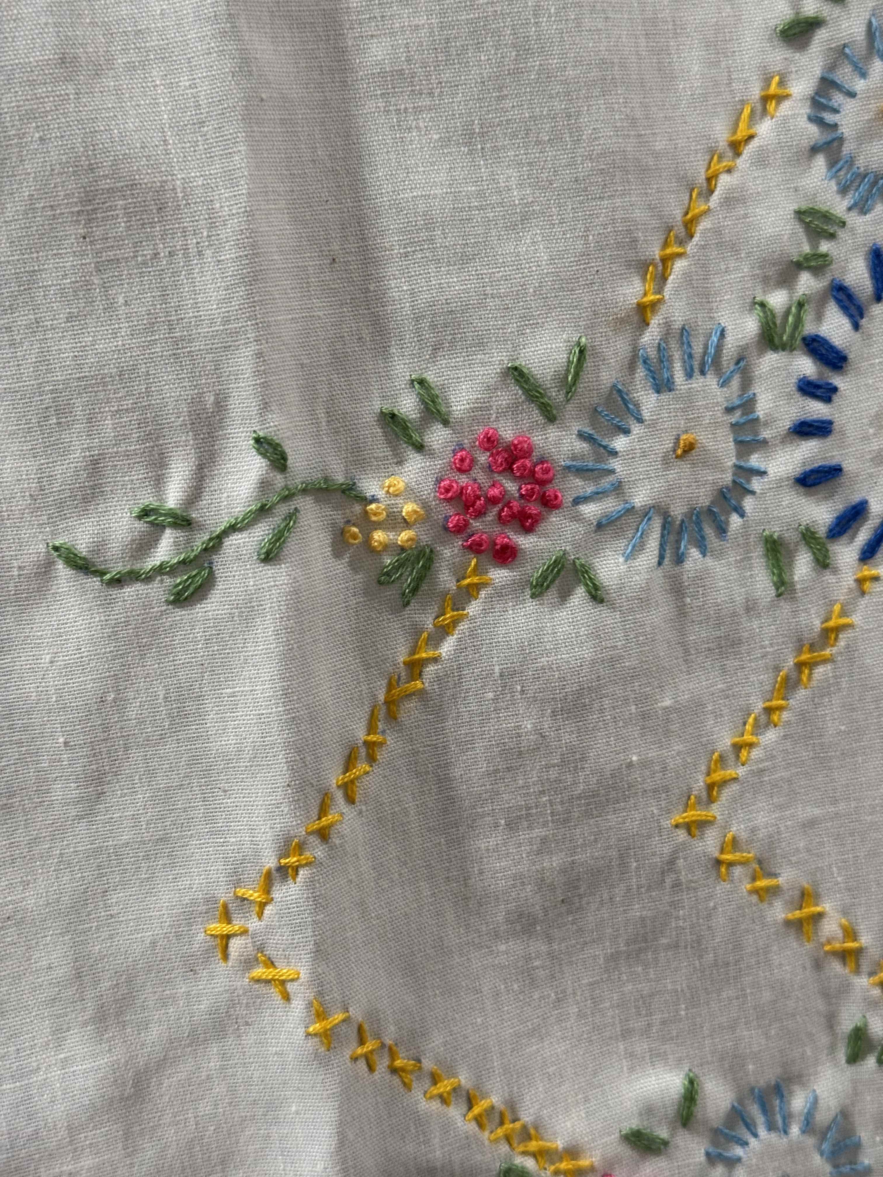Vintage Embroidered Blue Sashed Quilt Top
