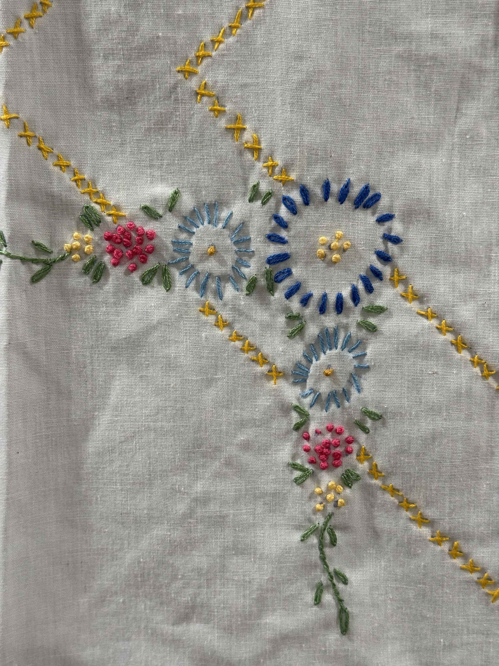 Vintage Embroidered Blue Sashed Quilt Top