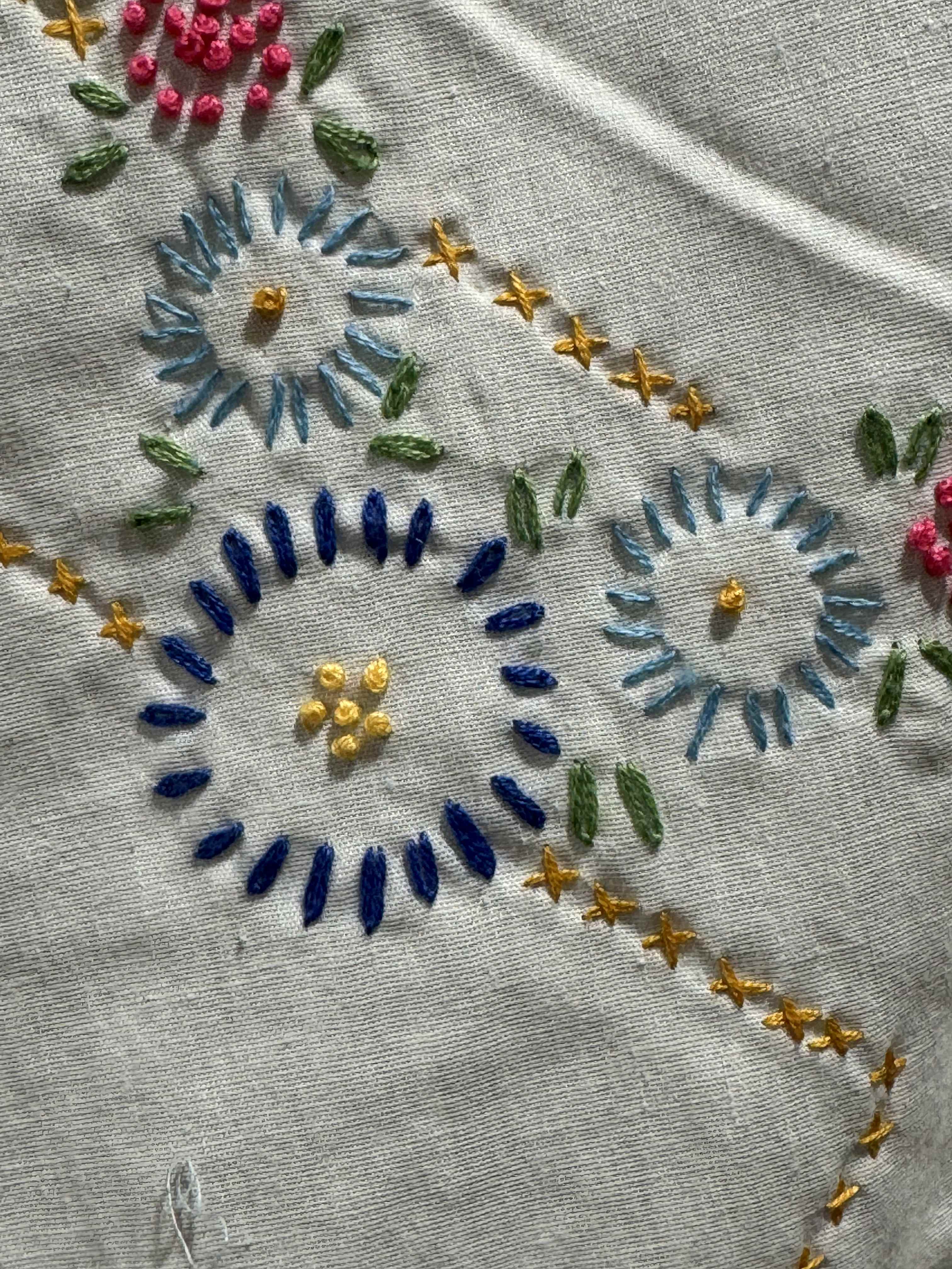Vintage Embroidered Blue Sashed Quilt Top
