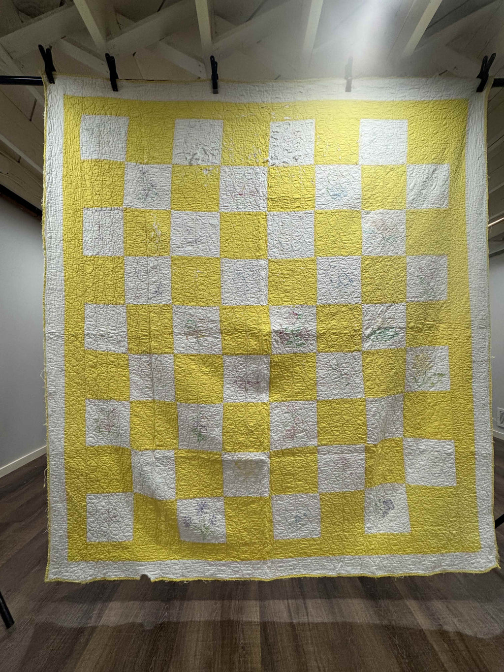 Vintage Quilt Yellow and White Checkerboard