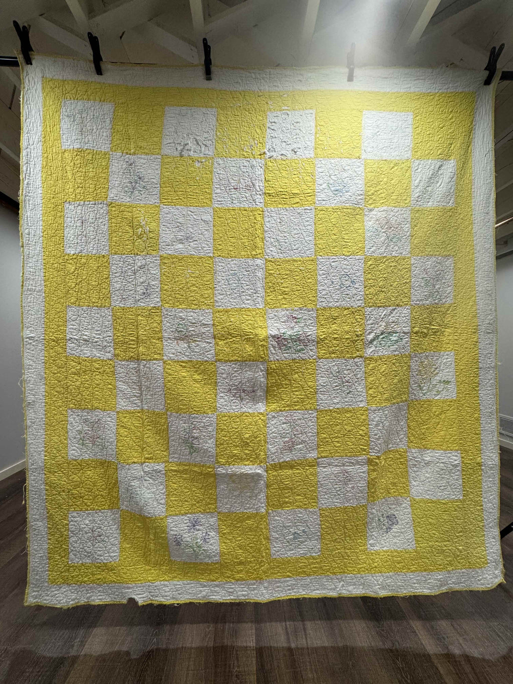 Vintage Quilt Yellow and White Checkerboard