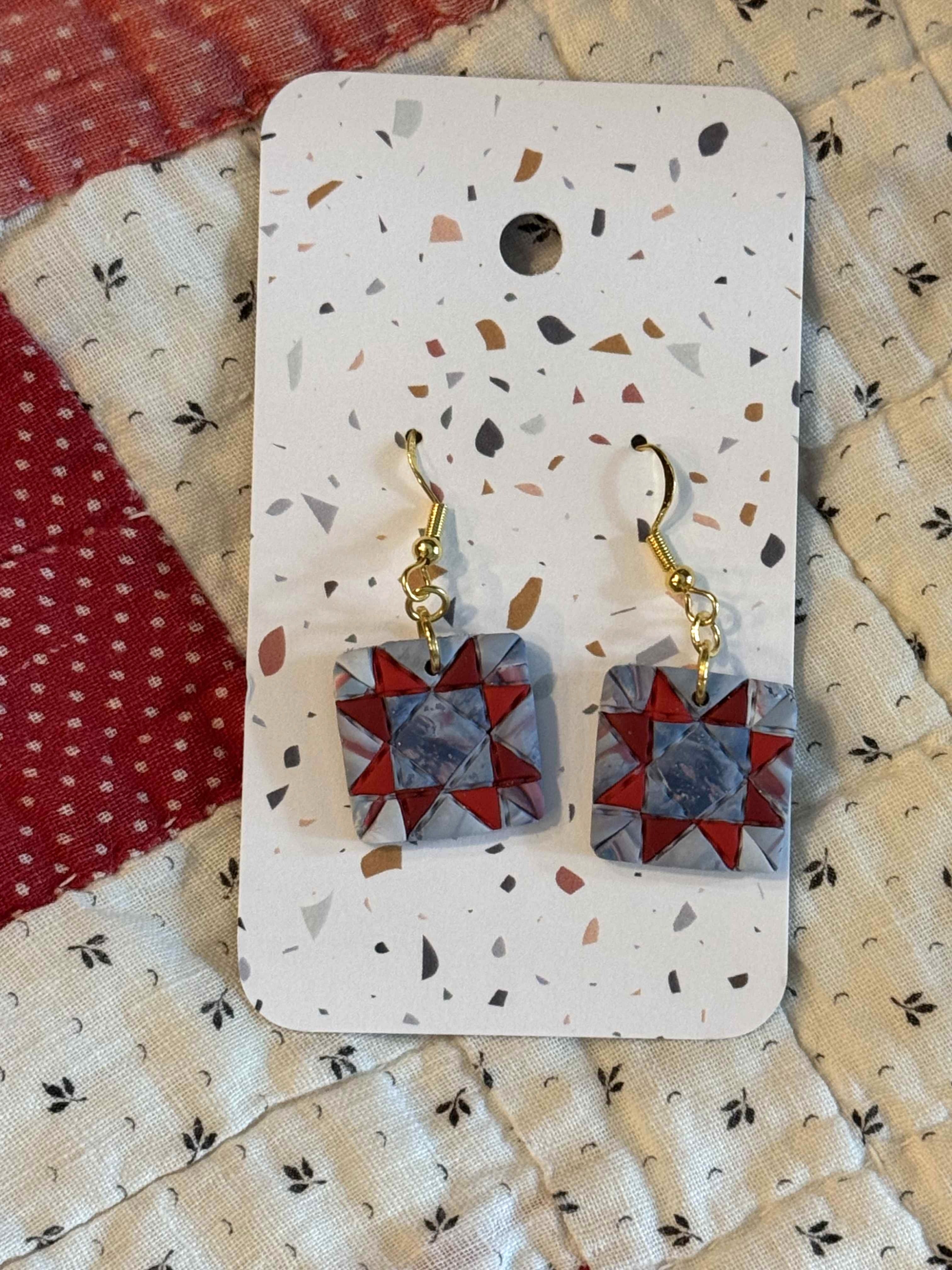 Patriotic Quilt Block Dangle Earrings by Sydni Carlson Art
