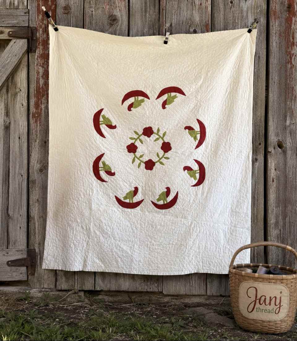 Vintage Quilt Rose of Sharon Wreath with Folk Art Birds