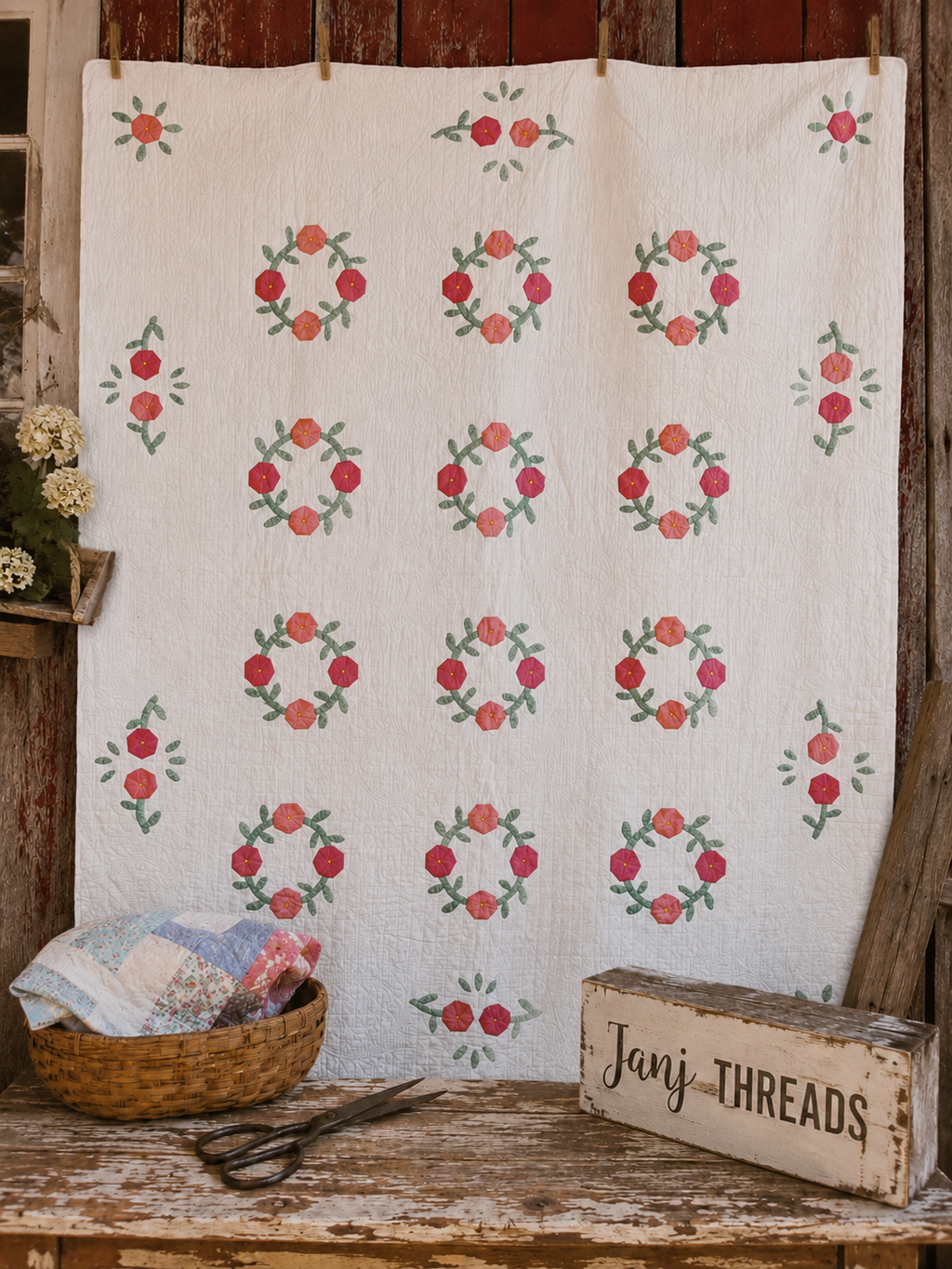 Vintage Sweet Pink Rose Applique Quilt