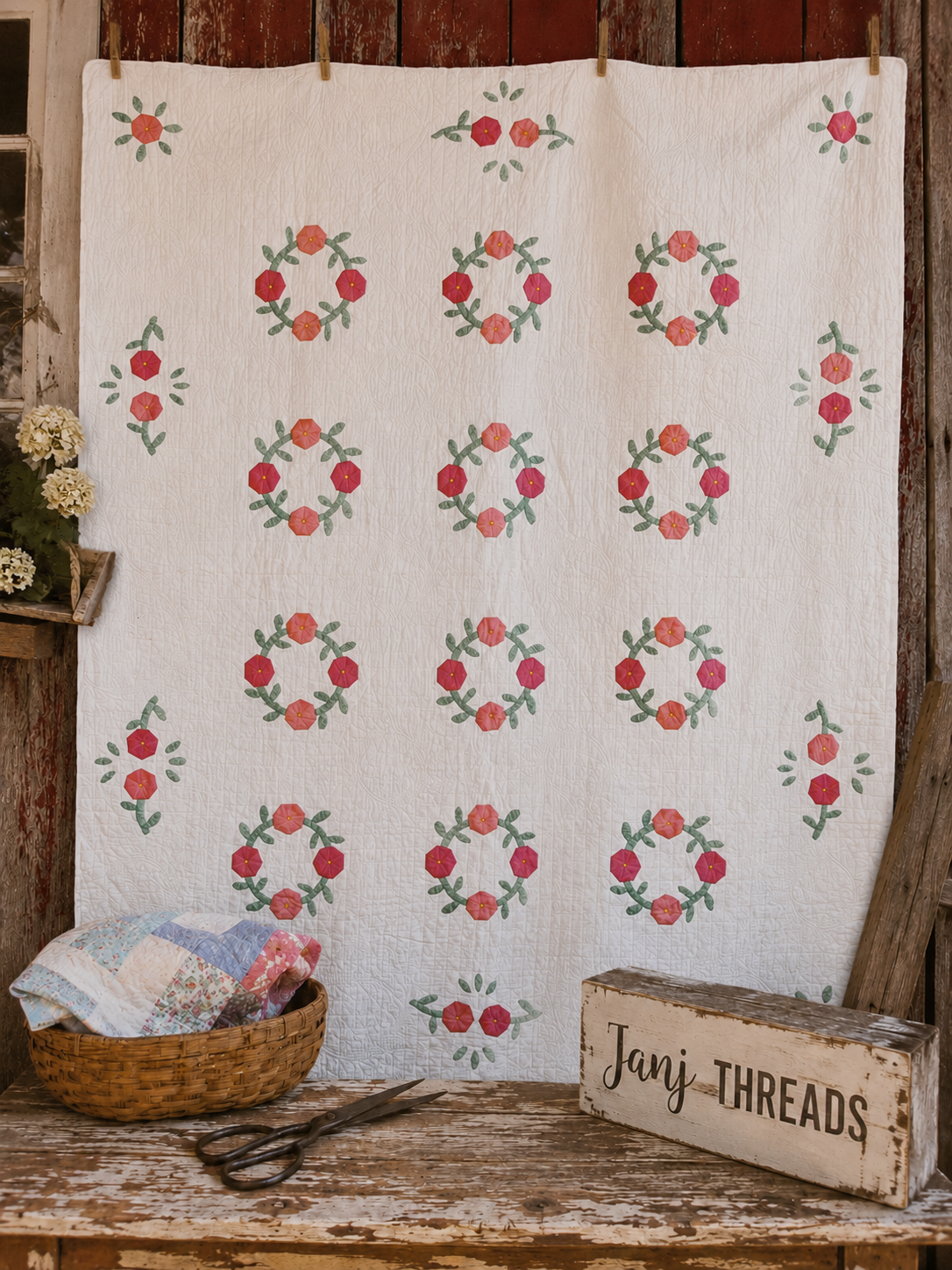 Vintage Sweet Pink Rose Applique Quilt