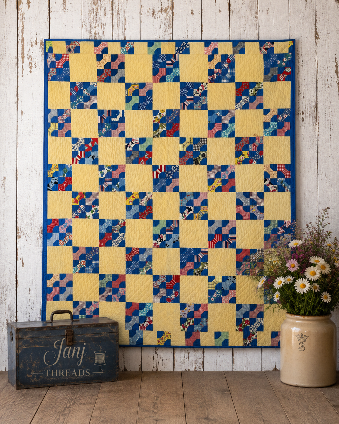 Vintage Blue Bowtie Feed Sack Quilt