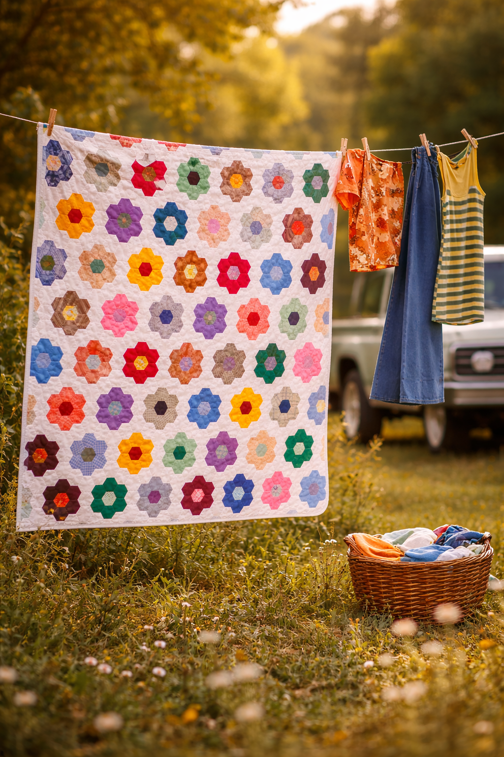 Vintage Grandmother's Flower Garden Quilt