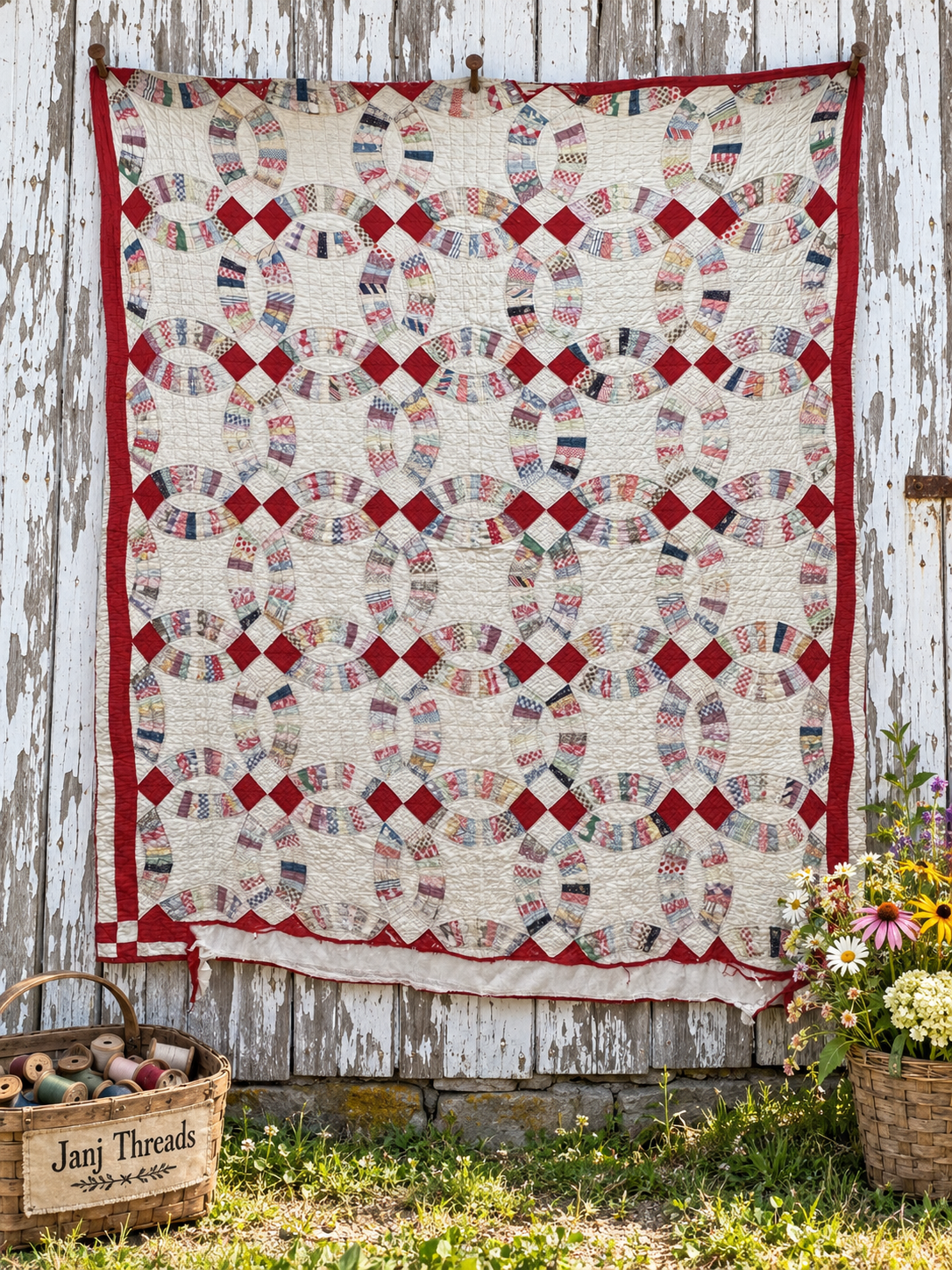 A handmade quilted patchwork blanket with a red and cream geometric pattern is displayed hanging on a weathered white wooden fence. The quilt features circular patterns made of small multicolored fabric pieces.