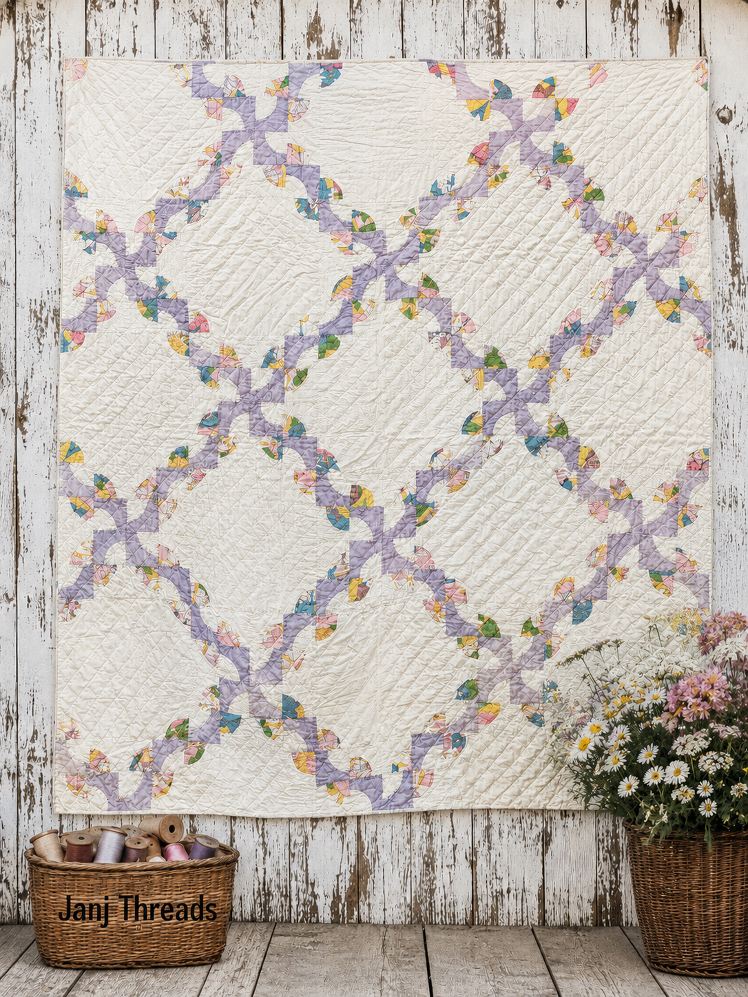 A Rob Peter to Pay Paul quilted patchwork blanket with a lavender lattice pattern and small multicolor floral accents, displayed against a rustic white-washed wooden wall. A basket with spools of thread sits on the floor to the left, and a basket of daisies sits on the right.