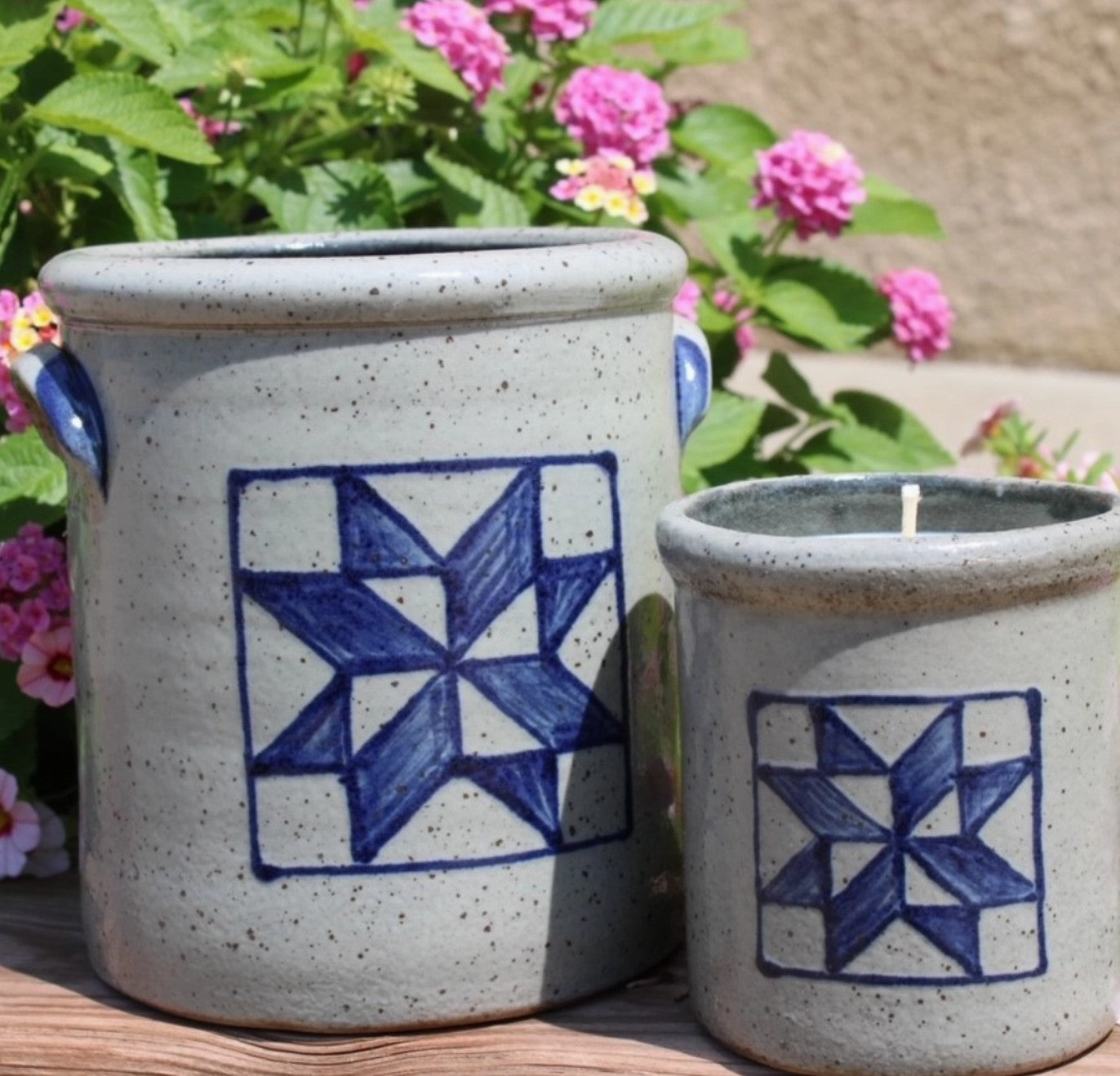 Rowe Pottery Candle Crock - Barn Quilt